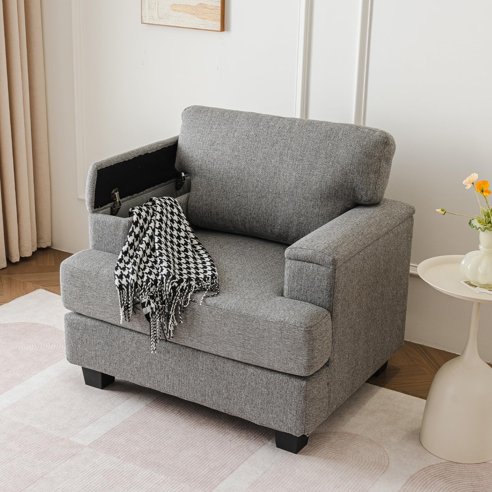 Oversized Accent Chair with Armrest Organizer,Comfy Living Room Chairs with Thick Cushion,Upholstered Linen Fabric Armchair,Big Reading Chair,Sofa Chair for Bedroom,Dark Gray