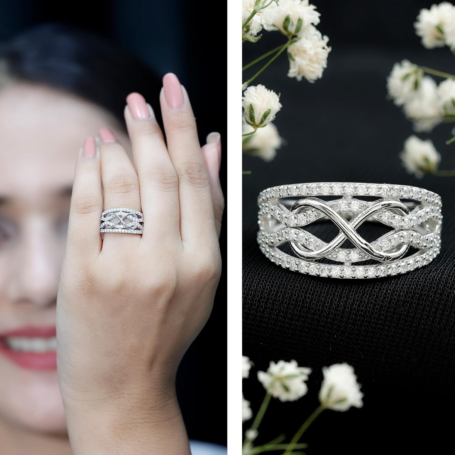 Certified Moissanite Designer Infinity Band in Silver, D-Vs1 Quality, Moissanite Wedding Ring - Ready To Gift