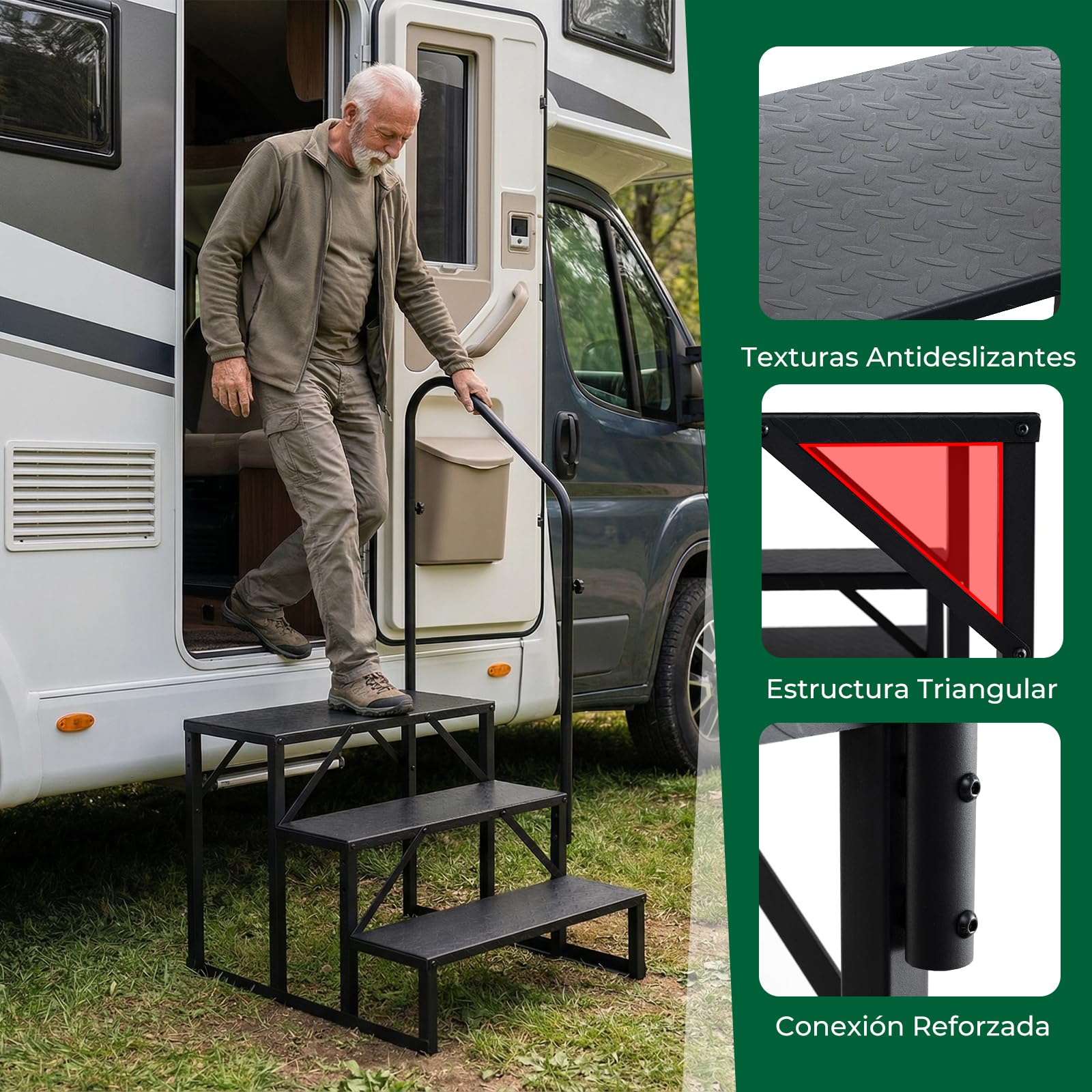 COSTWAY Escaleras de RV con Barandilla, Escalera de 3 Peldaños con Capacidad de Carga de 660 kg, Escalerilla con Panel Antideslizante, para Casa Móvil, Jacuzzi y Piscina SPA, 79 x 68 x 129 cm