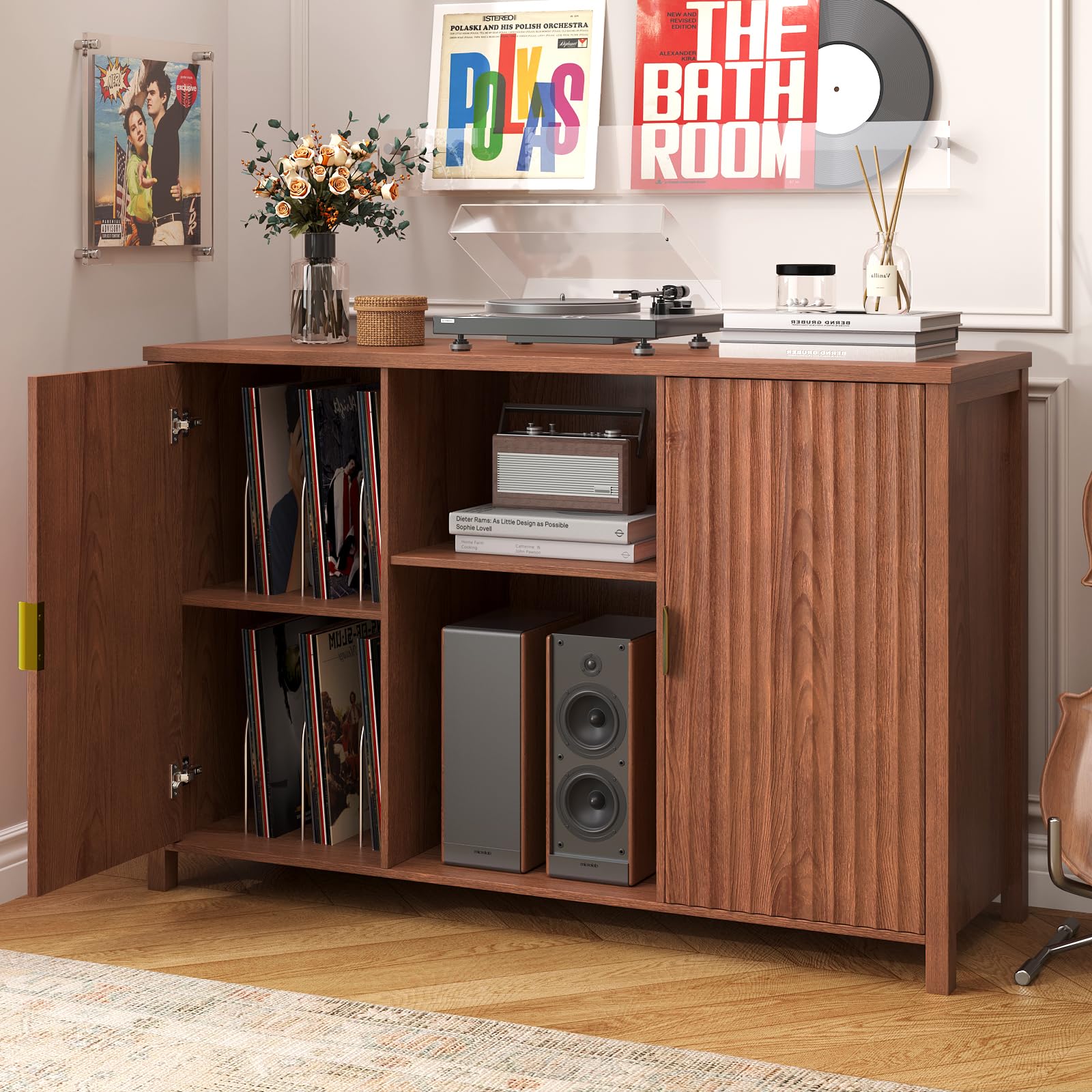 BROTTAR 47" Large Record Player Stand with Vinyl Storage,Brown