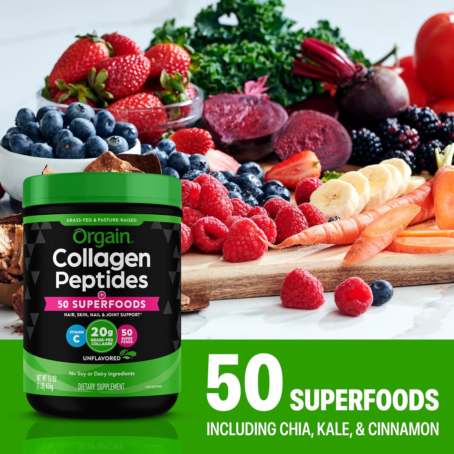 Orgain Hydrolyzed Collagen Powder + 50 Organic Superfoods For Women & Men, 20g Grass Fed Collagen with Vitamin C, Unflavored - Hair, Skin, Nail, & Joint Support Supplement, Non-GMO, Type I & III, 1lb - Image 6