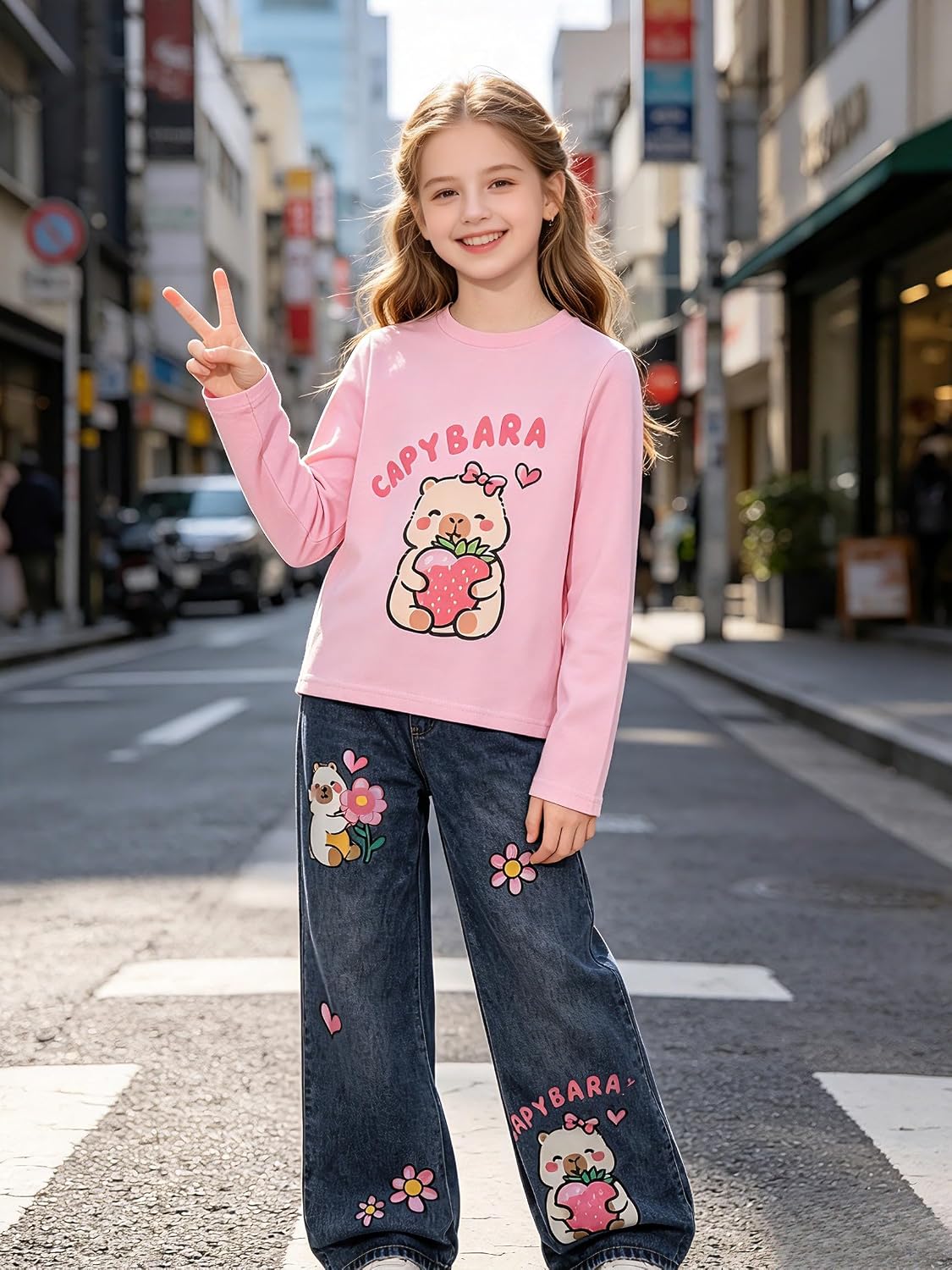 KIDLAGA Girls Clothes 2 Piece Outfits Long Sleeve Top and Capybara Wide Leg Jeans Clothing Sets 7-14 Years