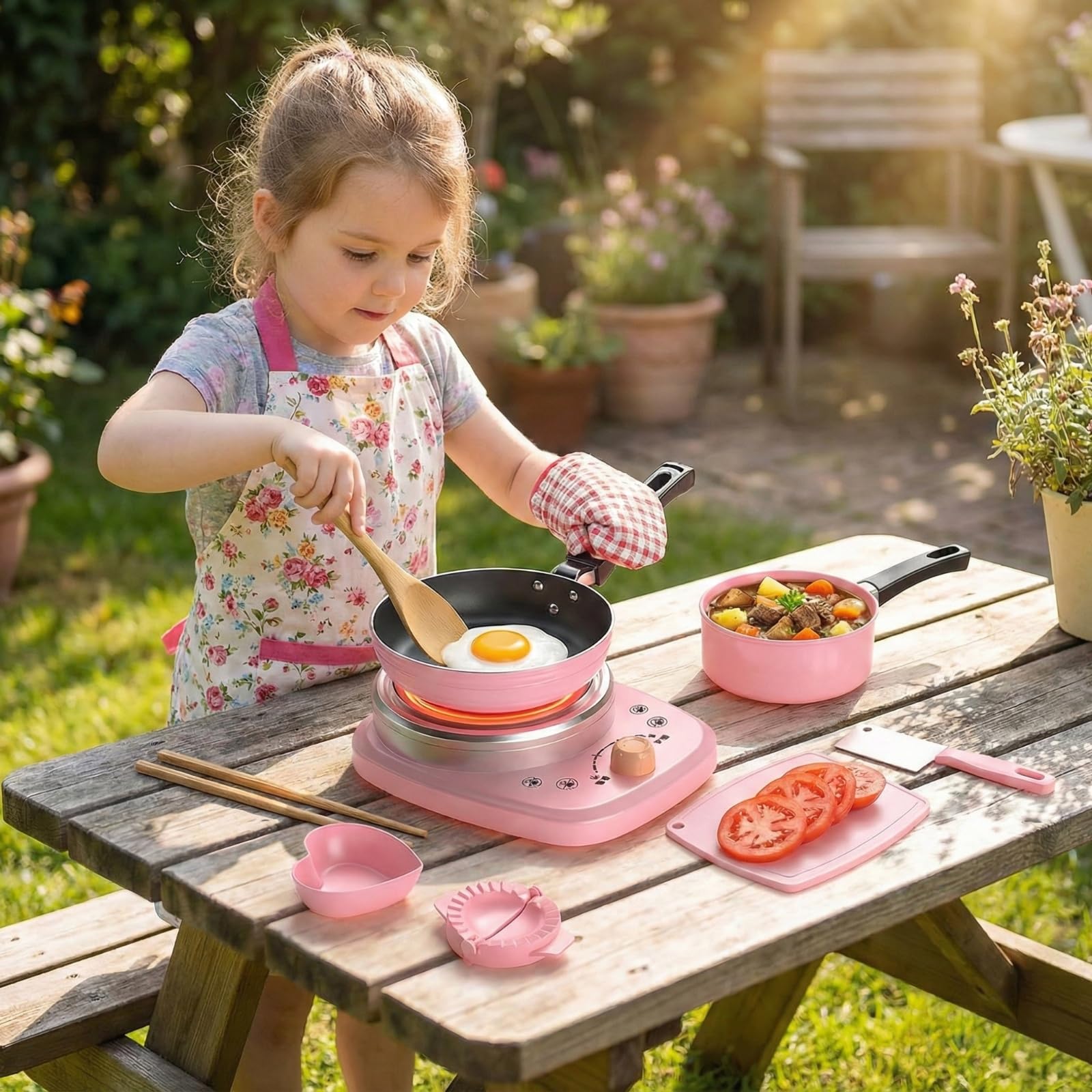 Mini Juego de Cocina para niños、24 Juguetes con Estufa eléctrica Funcional y Utensilios de Cocina de Acero Inoxidable Seguros. Kit de Cocina para Principiantes (Blue)