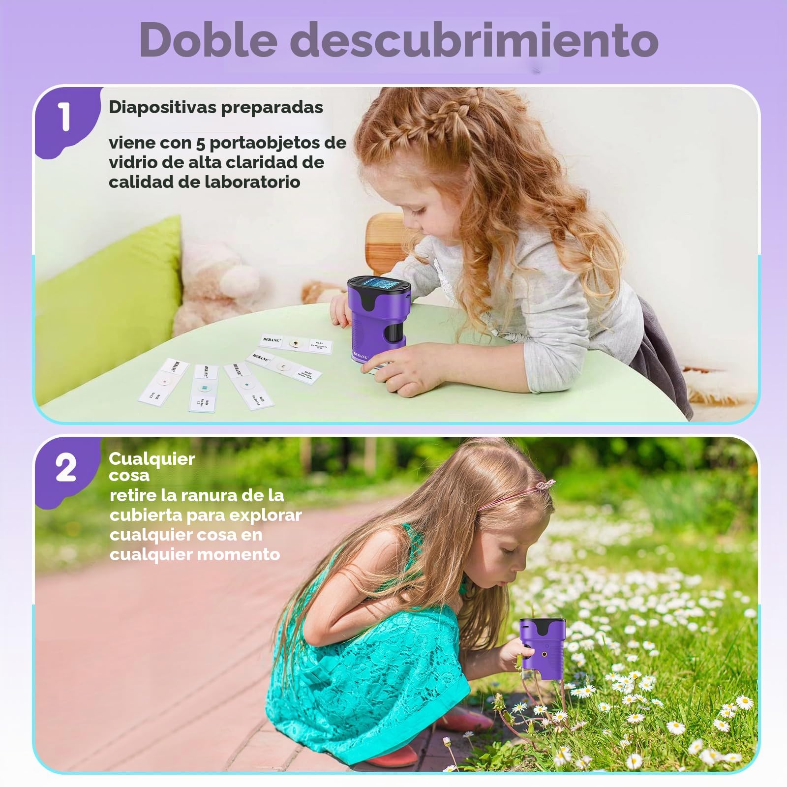 Microscopio de Mano 1000X para niños, 4K, Pantalla de 2 Pulgadas, Recargable, Mini microscopios Digitales de Bolsillo con Kit de Diapositivas, Regalo Edu portátil, para niños y Estudiantes