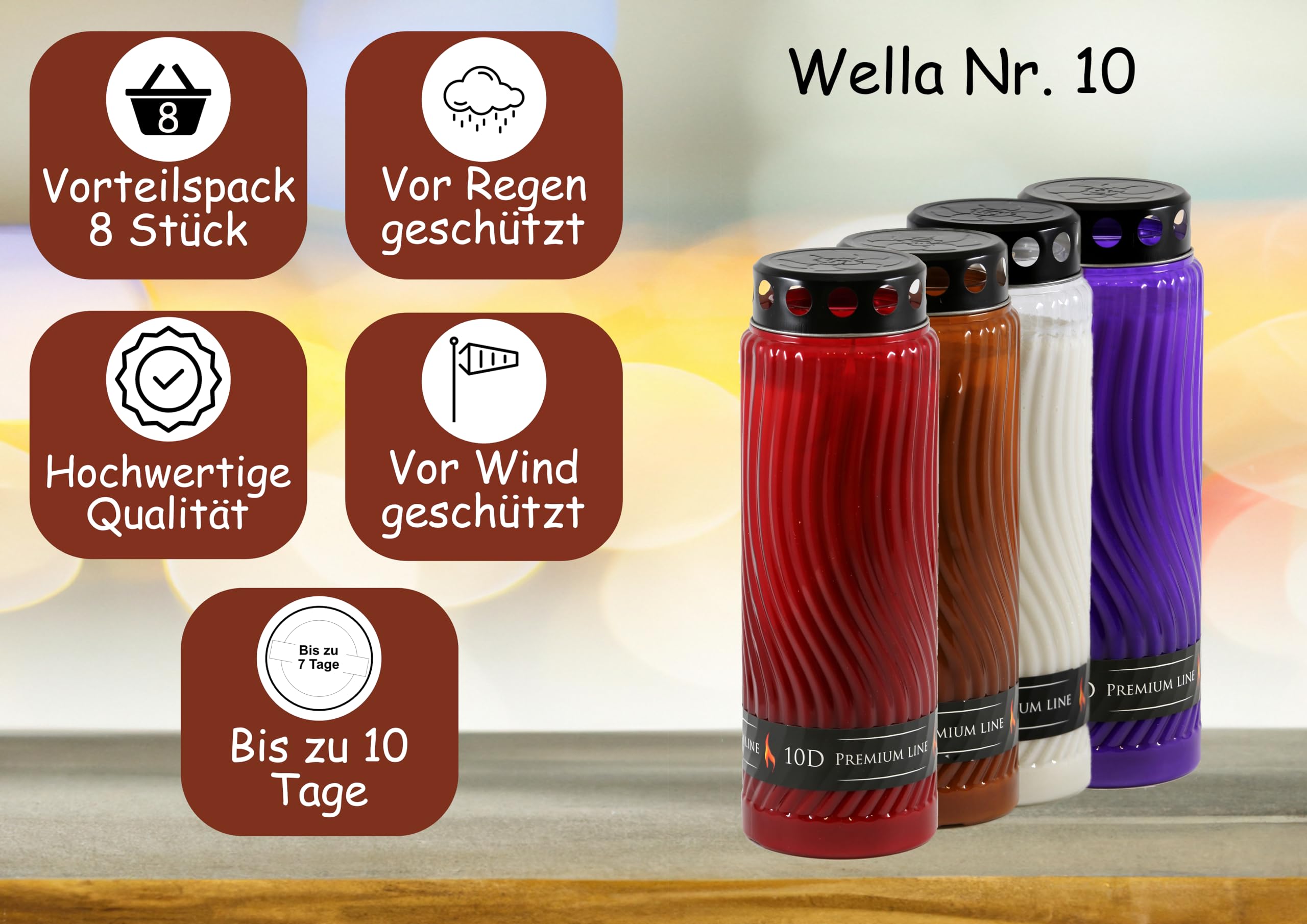 8 St. Wella Nr. 10 gemischt Premiumbrenner - Grabkerze mit einer Brenndauer von bis zu 10 Tage, 5x rot, 1x braun, 1x white, 1x lila - Gedenkkerze - Friedhofskerze - Totenkerze - Trauerkerze