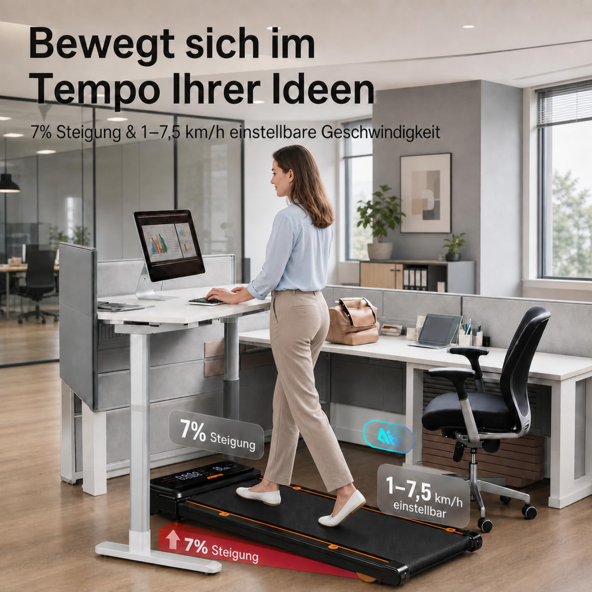 JAGJOG Unter Schreibtisch Laufband,kompakt und platzsparend | 7-15% Steigung,2.5-PS-Motor,6-7.5km/h,Fembedieung,bis 136kg