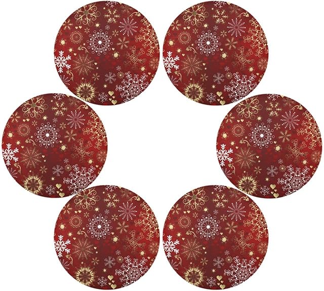 Christmas Gold White Snowflakes Round Placemats for Kitchen Dining Table Heat Insulation Non-Slip Washable Place mats Set of 6