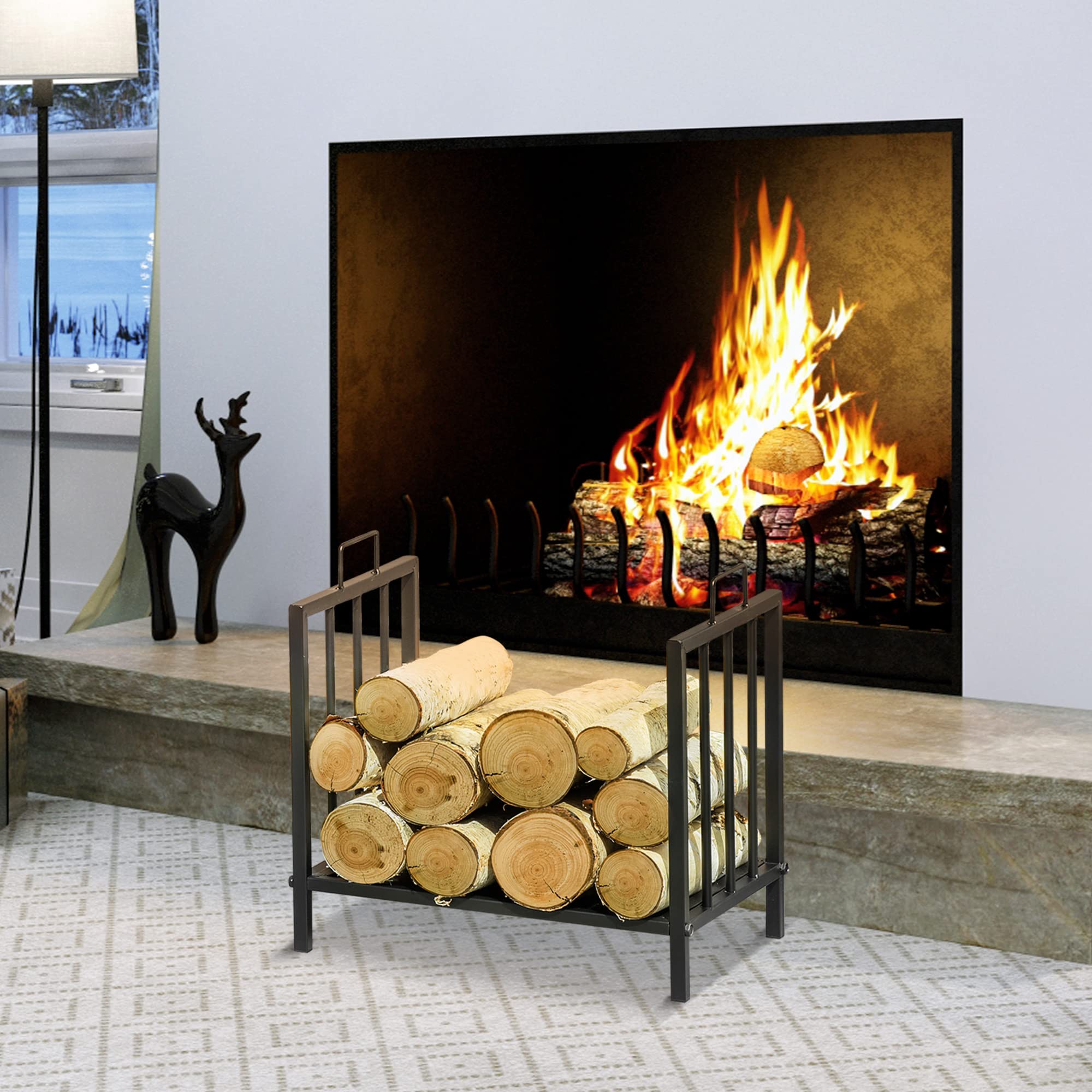 Outsunny Estante de Leña para Chimenea Tradicional Leñero Interior y Exterior Almacenaje para Madera Soporte para Leña con Asas Diseño Elevado 44,5x33x46,5 cm Negro