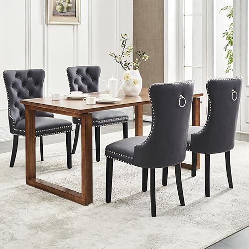 Miniatura 70 de Kiztir Juego de 2 sillas de comedor de terciopelo, sillas de comedor tapizadas con ribete de anillo y respaldo con botón, silla de comedor copetuda