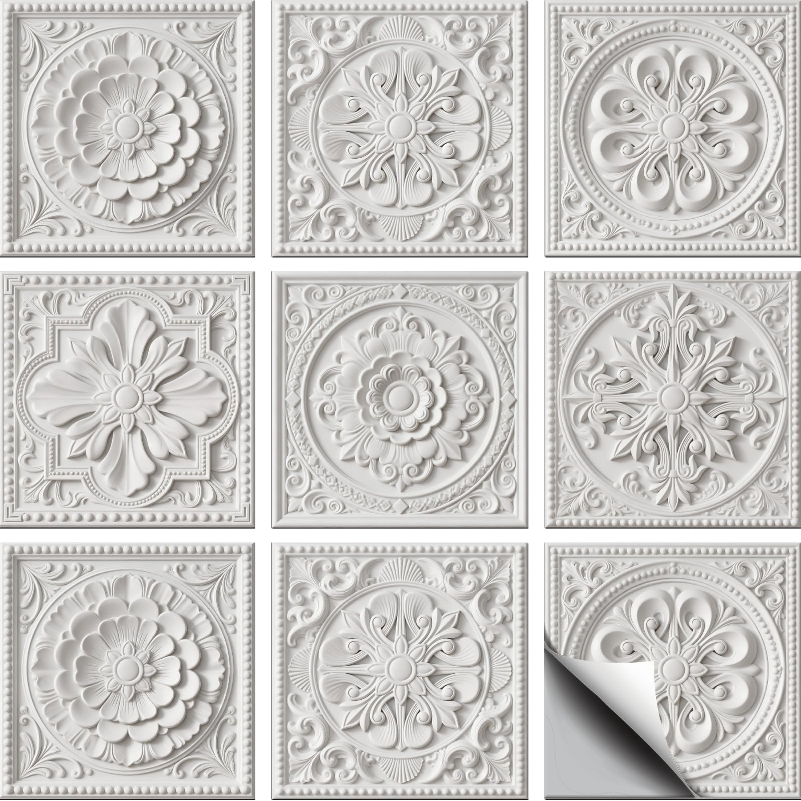 CHGCRAFT 36 Pcs Tile Stickers 3D Embossed White Floral 4×4 Inch