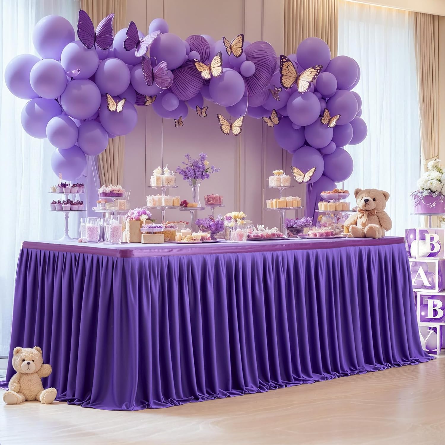 Partisky Purple Polyester Table Skirt for Rectangle Tables 9ft, Wrinkle Resistant Pleated Ruffle Table Cloth for Banquet Wedding Trade Baby Shower Display Gift Dining Table