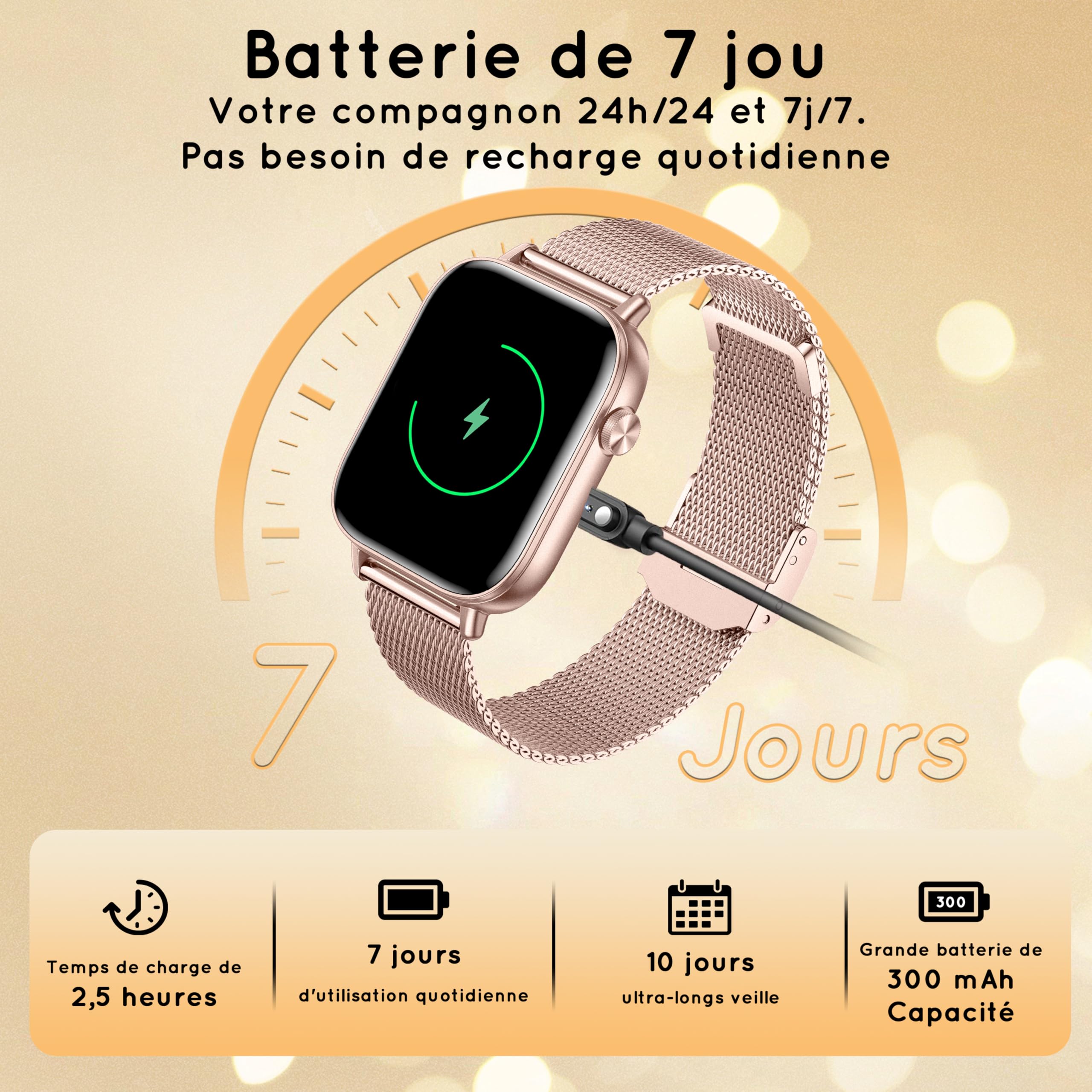 Montre Connectée Femme 3 Bracelets 1.83" HD Fitness Tracker Smartwatch avec Appels Bluetooth/Surveillance Cardio/SPO₂/Sommeil/Podomètre, 120 modes sportifs IP68 Étanche pour iOS Android, Or Rose
