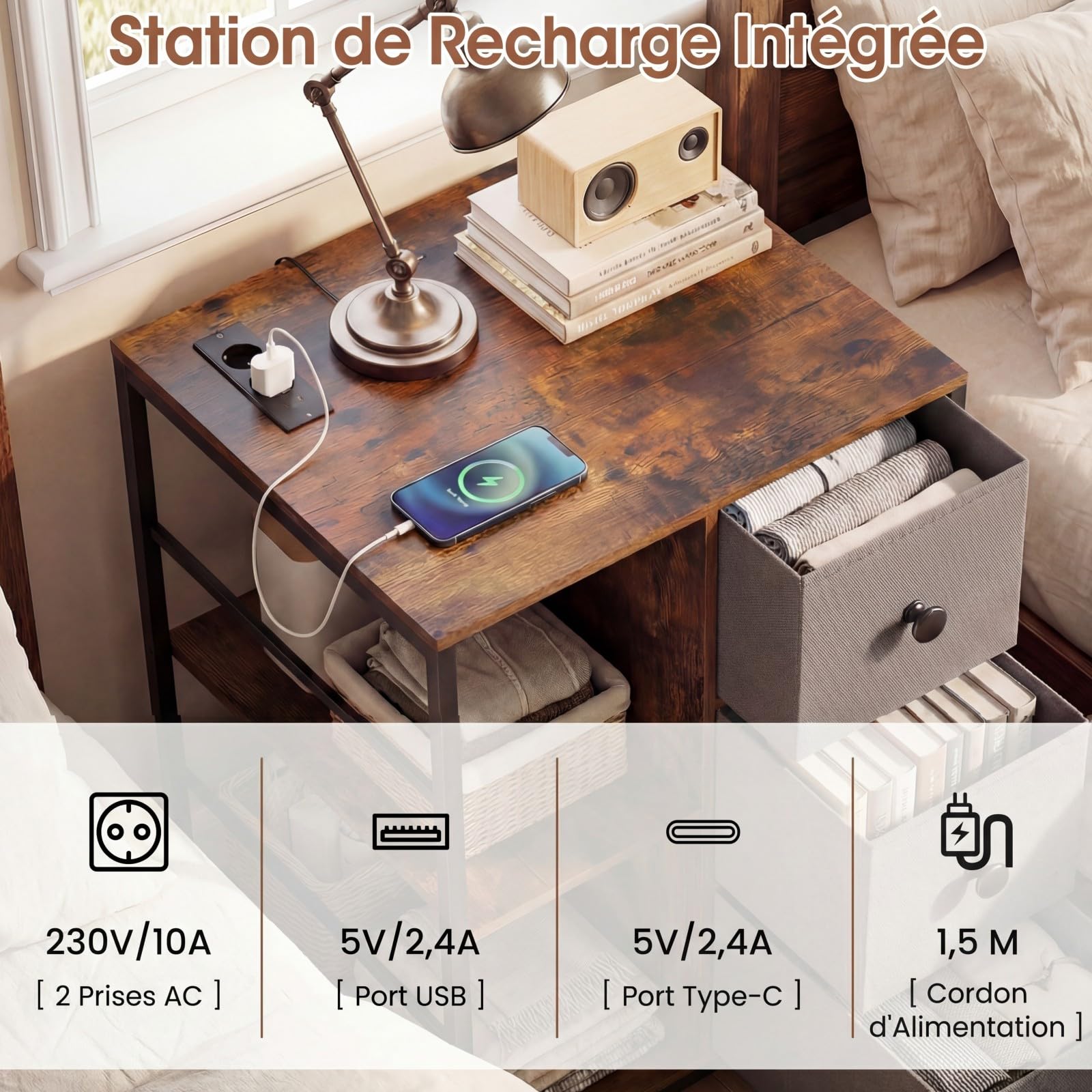 COSTWAY Armoire de Rangement avec Station de Charge, Commode pour Chambre à 3 Niveaux avec Étagère, Tiroirs en Tissu et Poches Latérales, Style Industriel, pour Chambre, Salon, Marron Rustique