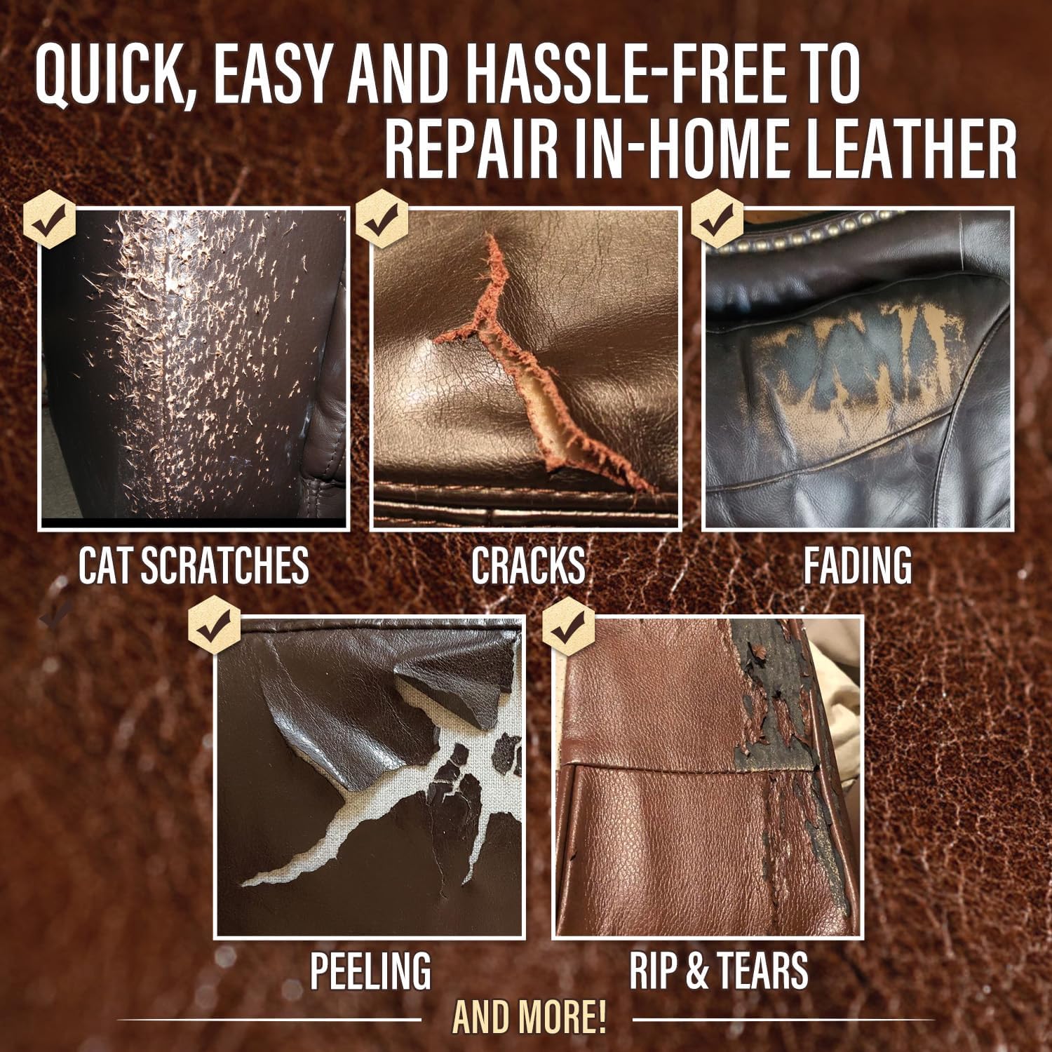 Leather & Vinyl Repair Kit for Couch, Furniture, Sofa, Chair, Car Seat | Brown Shades, No Skills Needed, for Cat Scratch, Tear, Crack, Hole on Faux Upholstery, Recliner, Purse, Shoes, Jacket, RV