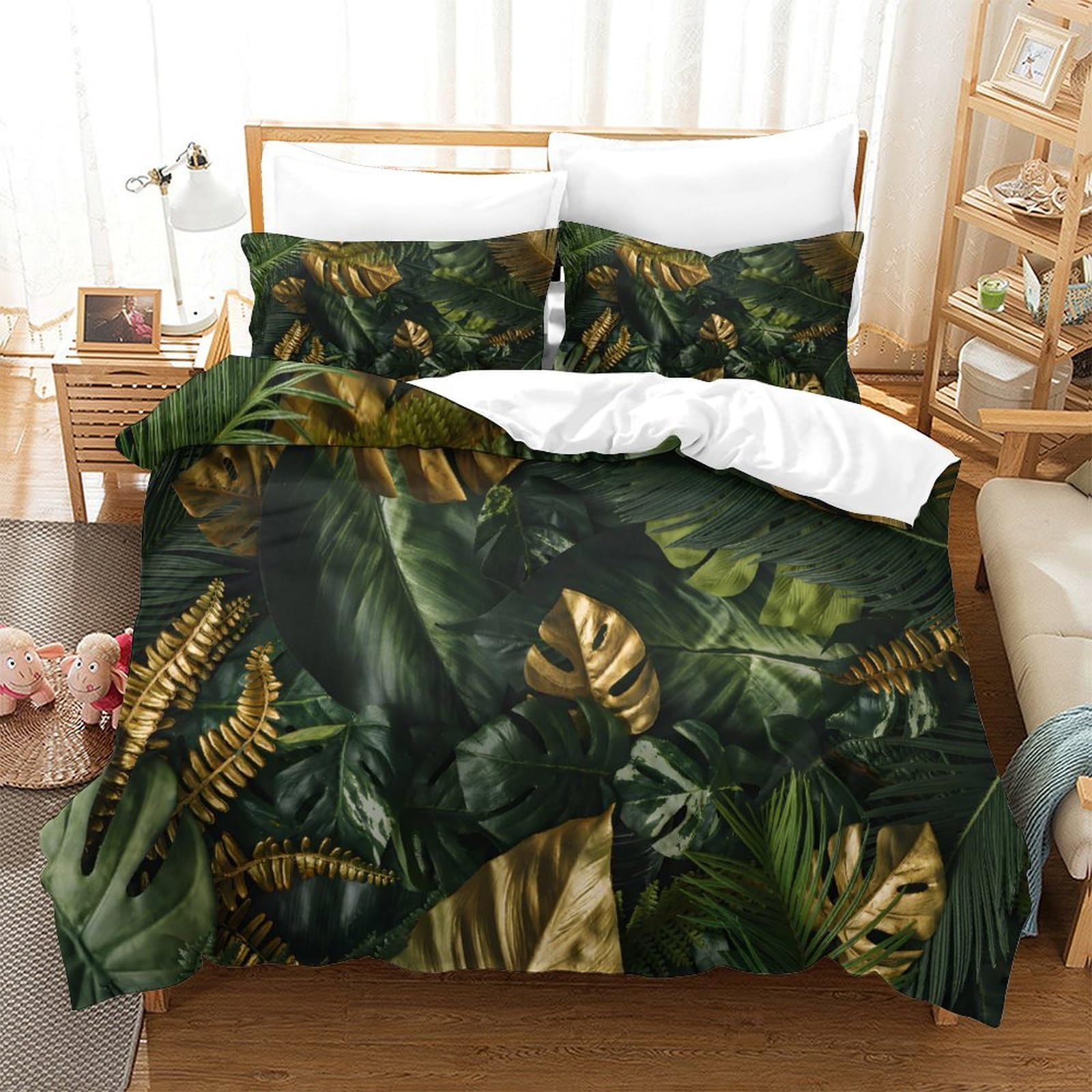 Liaohenkan Boys Gold/Green Tropical Palm Leaves 3Pcs Comforter Set Full Size Kids Girls Decor Comforter Set Duvet Set Quilt Set Ultra Soft Room Decor Bedclothes With Zipper Closure Single（140X200cm）