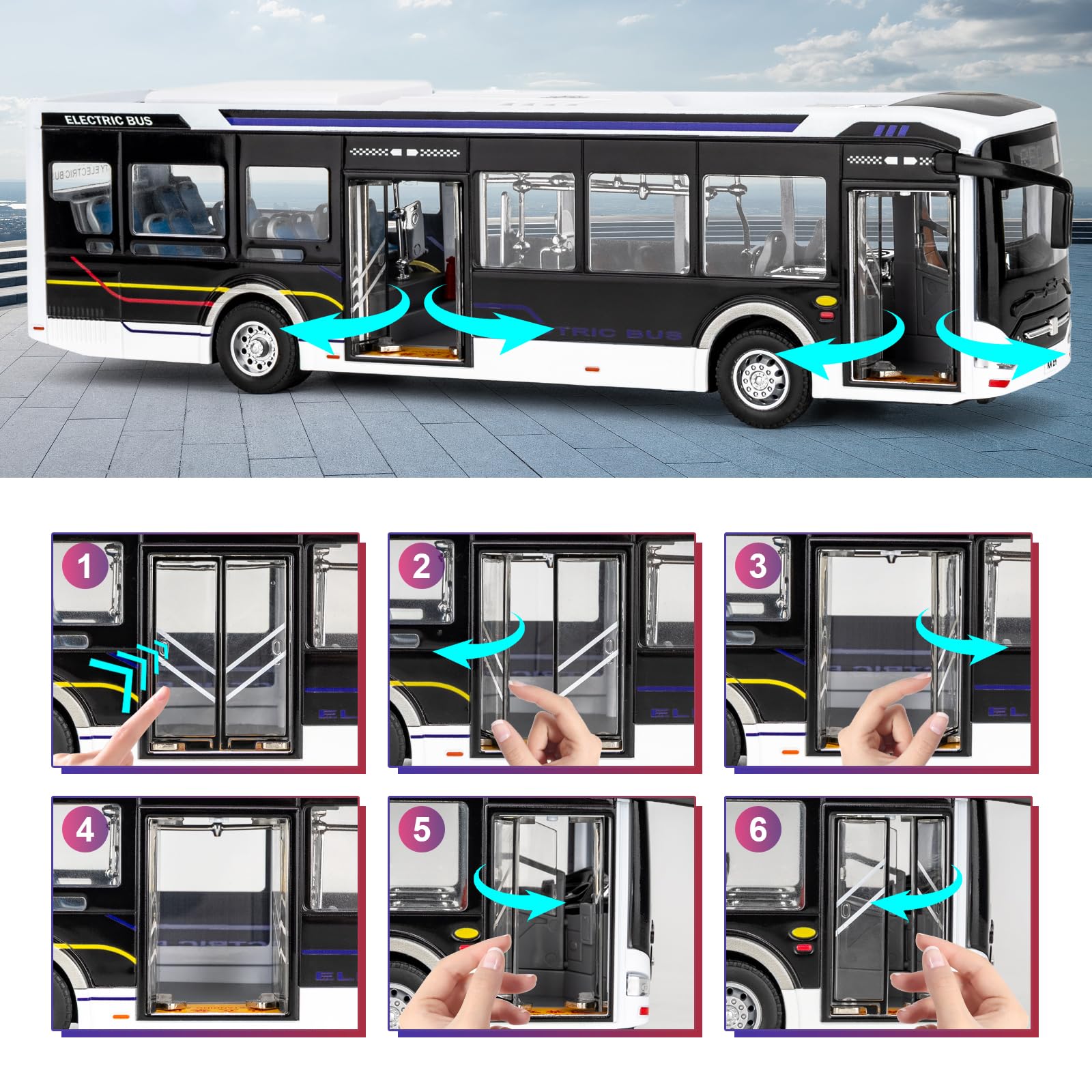 Voiture jouet autobus 1/42 pour enfants, véhicule en métal avec mécanisme de rétraction, son et lumière, modèle de bus avec cadeau d'anniversaire pour garçons et filles à partir de 3 ans, noir