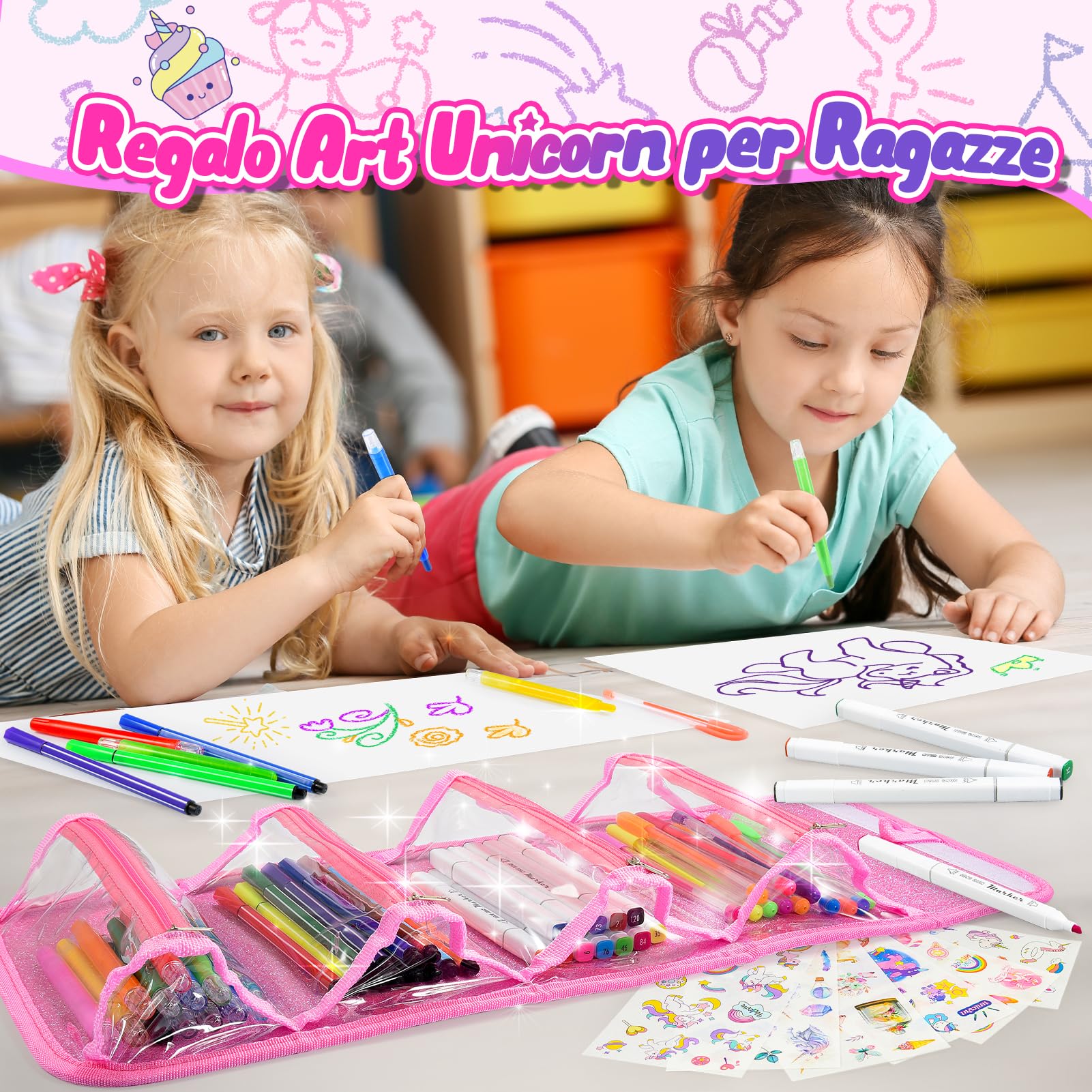 HappyGoLucky Valigetta Colori per Bambini Acquerelli Pastelli Pennarello, Regalo Bambina 3-10 Anni, Kit Disegno Colori per Bambini - Impermeabile e Facile da Pulire - Regali di Natale (Rosa)