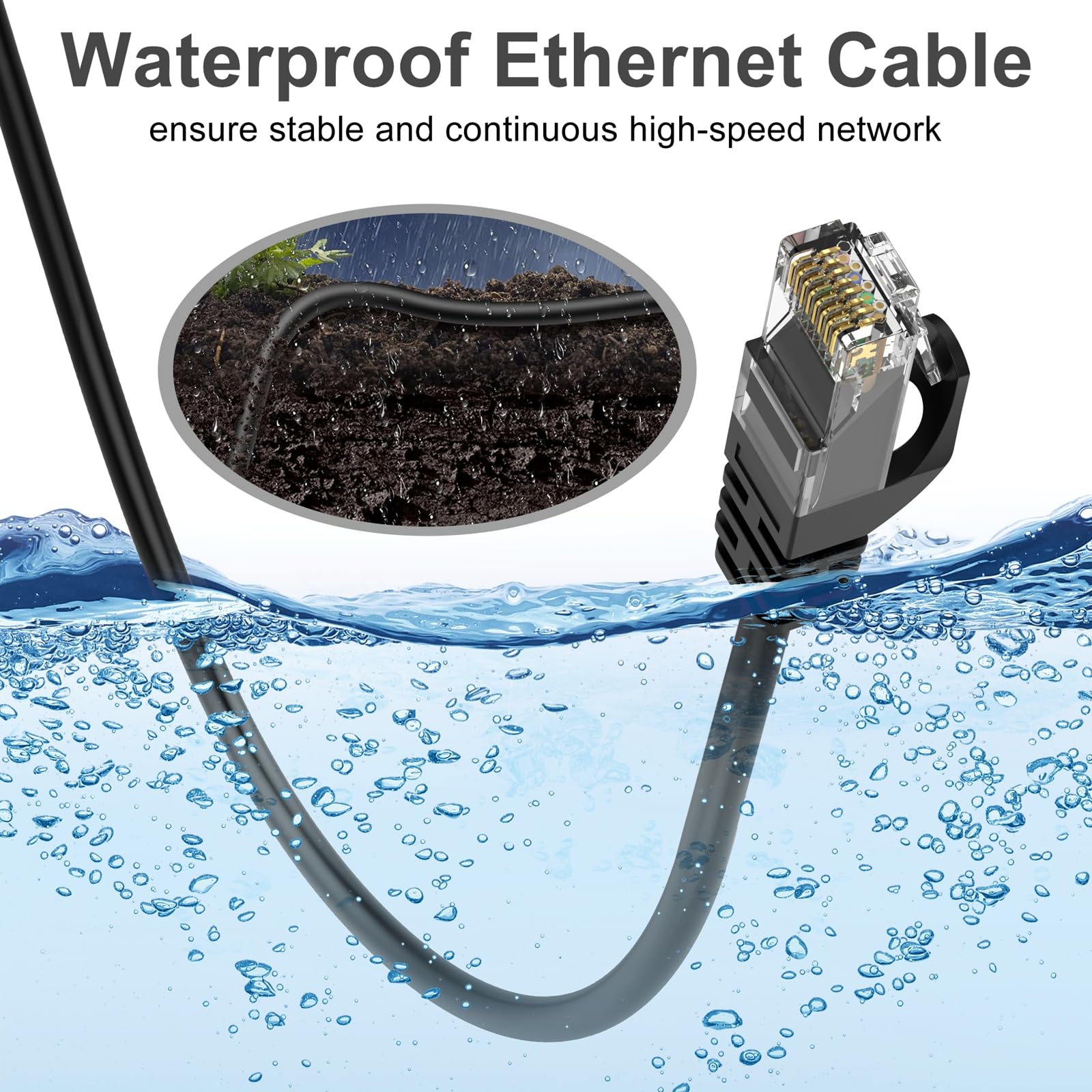 Câble Ethernet Cat 6 de 30,5 m haut débit 23 AWG RJ45 pour une utilisation en extérieur et en intérieur, prend en charge les réseaux CAT6 de 10 Gbit/s, polyéthylène noir étanche, ordinateur LAN