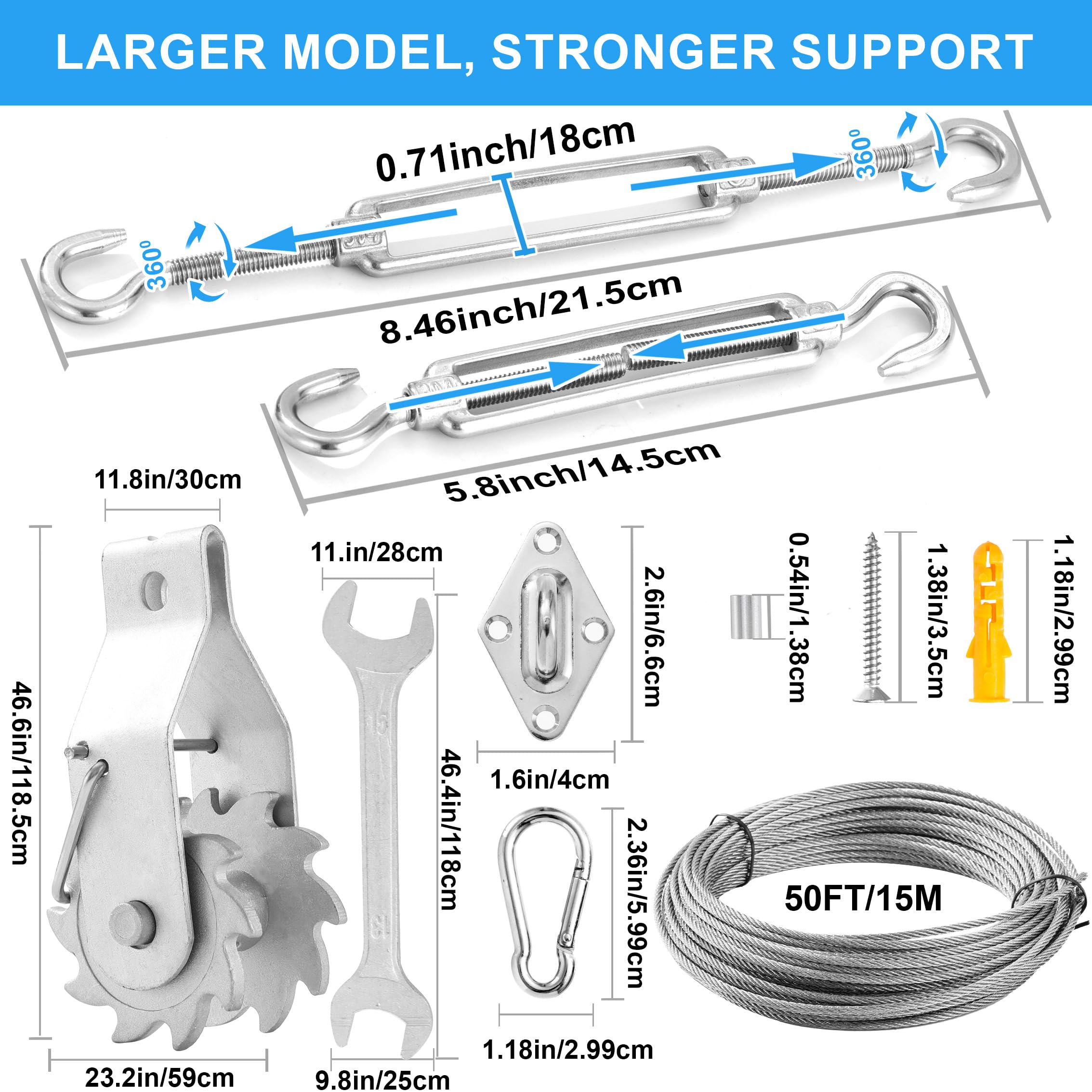 SOVYOULIVE Sunshade Hardware Kit with Ratchet Winch Wire Cable for Triangle Rectangle Sun Shade Canopy Installation, 304 Stainless Steel Shade Awning Kit for Outdoor,Garden,Kitchen,Patio Lawn
