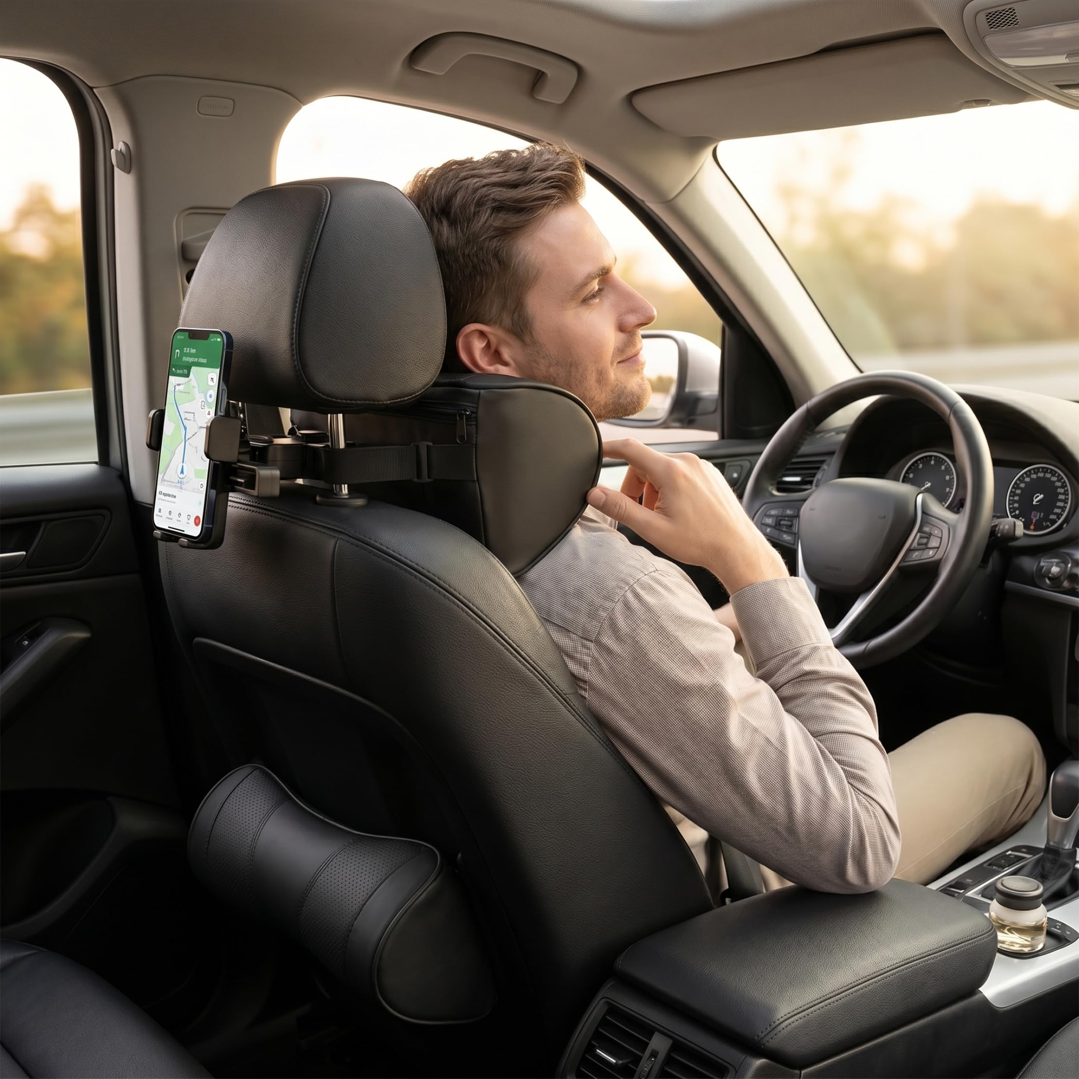 Accessoires de siège, support de cou voiture, oreiller d'appui-tête voiture réglable en 6 directions avec support téléphone et crochet, oreiller en mousse à mémoire forme en cuir pour la