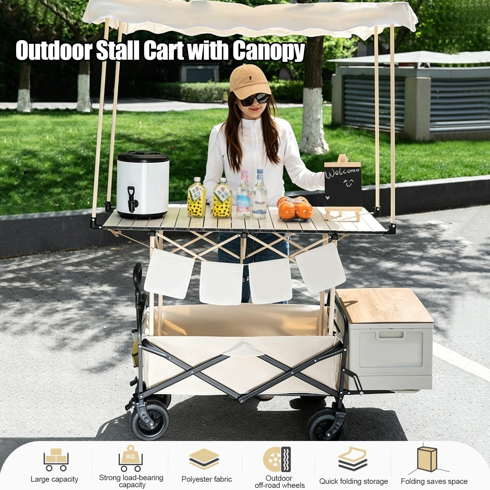 HARELA Genérico Puesto de Mercado con toldo, Móvil de Venta Ambulante de Comida, Carrito De Vendedor De Comida para Puestos Callejeros, Ferias De Artesanía(Beige)