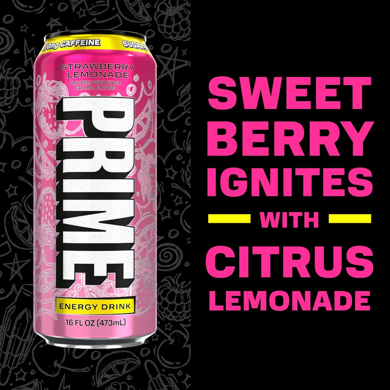 PRIME Energy STRAWBERRY LEMONADE, Sugar Free Energy Drink, 200mg Caffeine and 355mg of Electrolytes for Hydration, Low Calorie, Vegan, Gluten Free,16 Fluid Ounce, 12 Pack