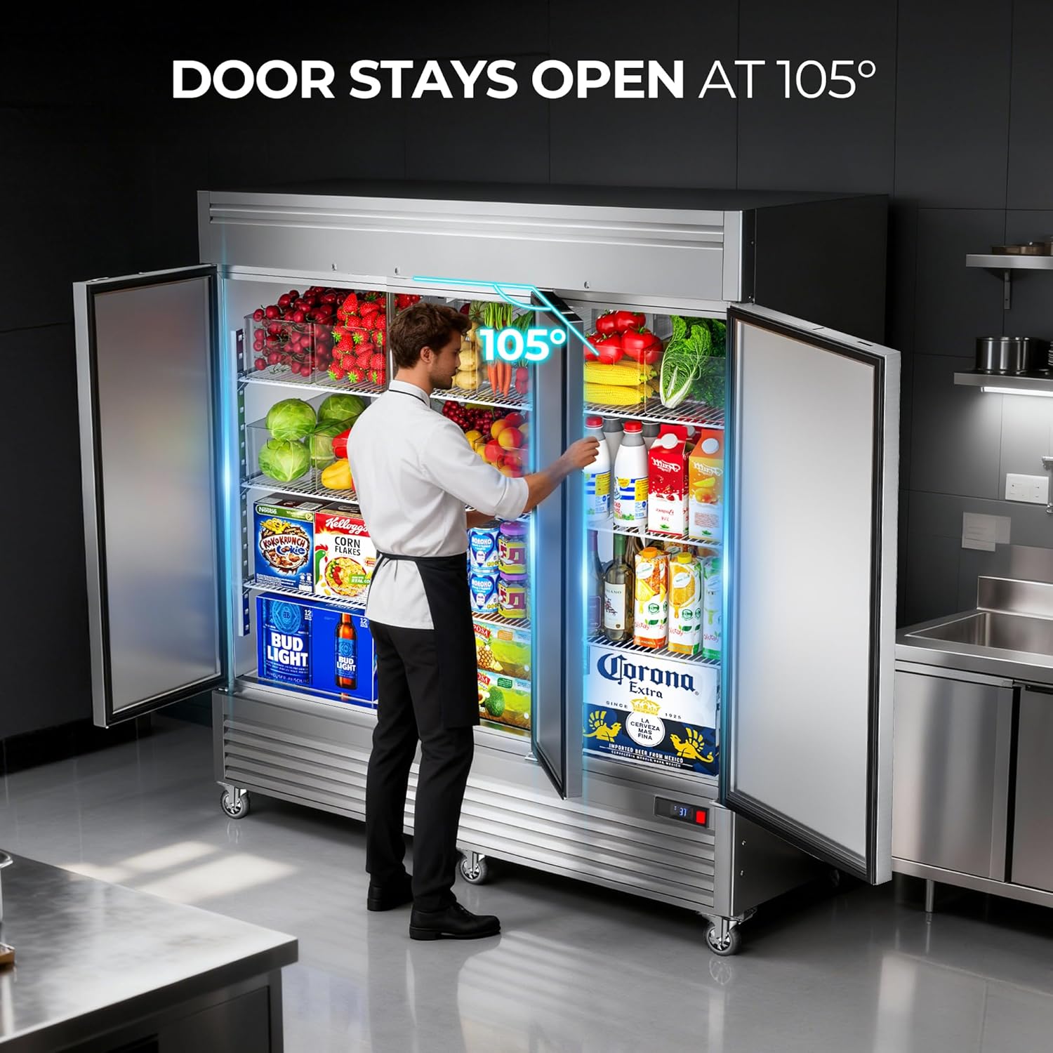 Coolake 82" Width Commercial Refrigerator 3 Solid Doors, 72 Cu.ft Stainless Steel Reach-in Upright Fridge with LED Lighting, Fan Cooling Refrigerator for Restaurant Cafe Hotel Kitchen Prep Area