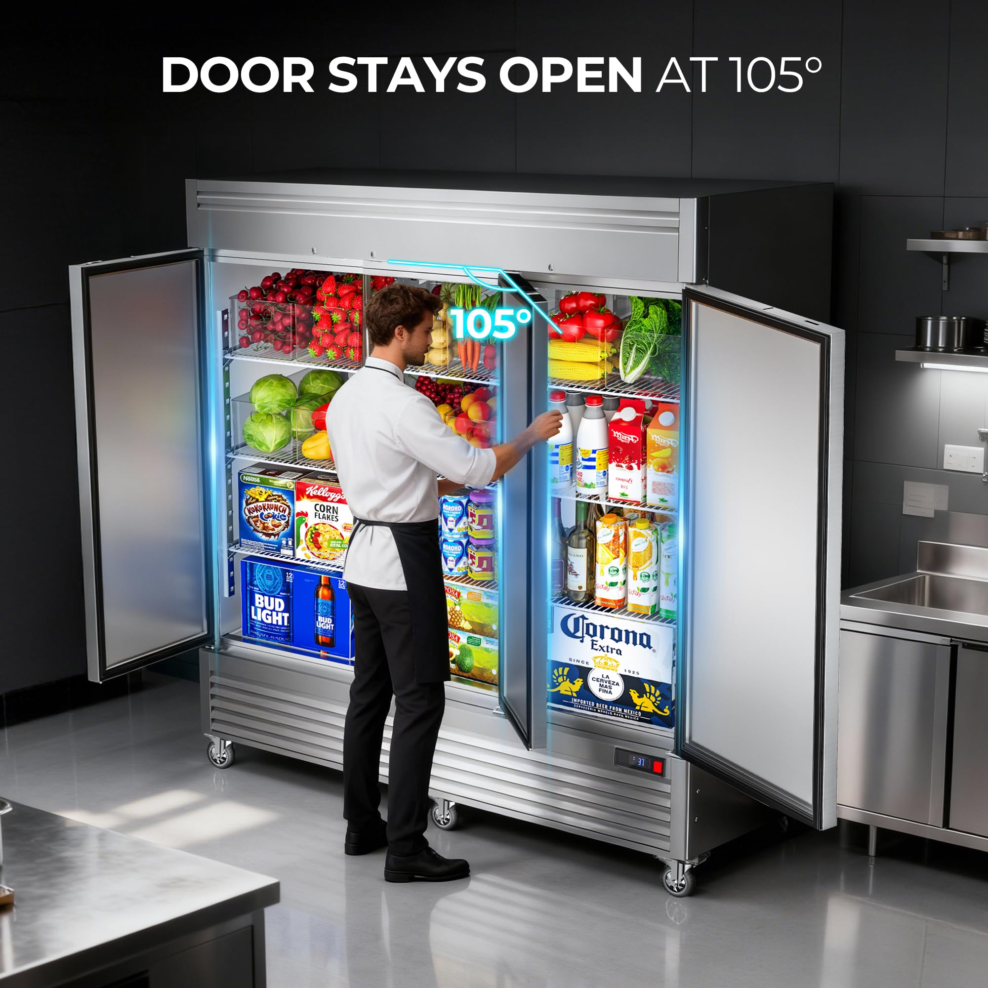 Coolake 82" Width Commercial Refrigerator 3 Solid Doors, 72 Cu.Ft Stainless Steel Reach-In Upright Fridge With LED Lighting, Fan Cooling Refrigerator For Restaurant Café Hotel Kitchen Prep Area on Fridge.com - View 3