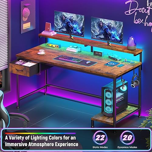 Miniatura 4 de Escritorio de oficina de 39.3 pulgadas con toma de corriente y cajón, escritorio para juegos con soporte para CPU y luces LED, escritorio