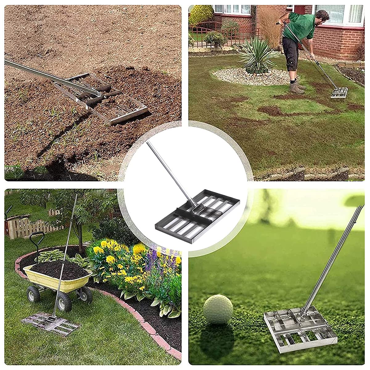 Grabie wyrównujące trawnik, podkaszarka do trawy w ogrodzie golfowym, grabie wyrównujące z 43-calowym drążkiem ze stali nierdzewnej – wytrzymałe narzędzie do wyrównywania gleby na podwórku i polu go