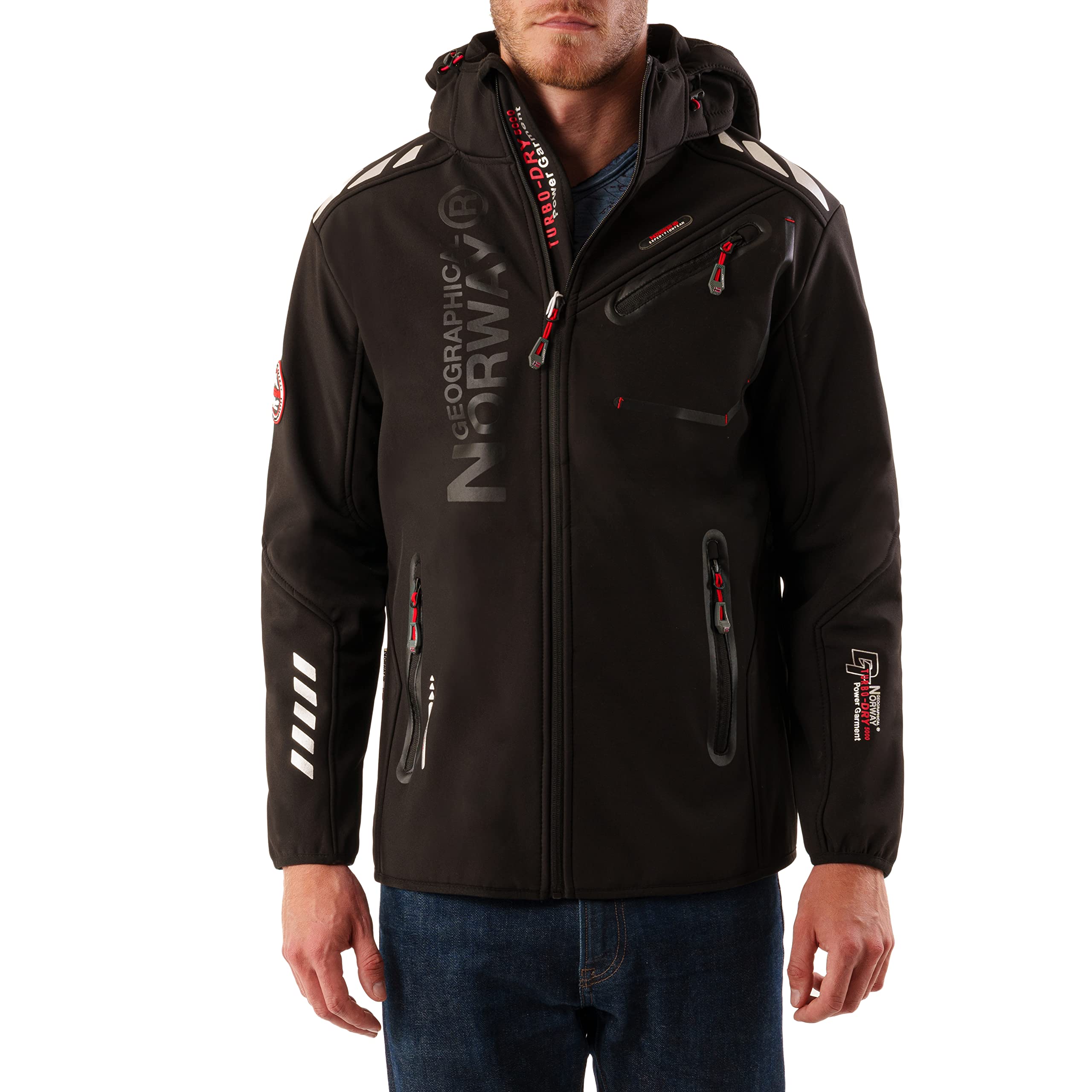 Geographical Norway Men's Black Royaute Waterproof Softshell Jacket - Outdoor Hooded Coat - Tactical Windproof Resistant Winter Jacket For Outdoor Activities (Black/ 4XL)