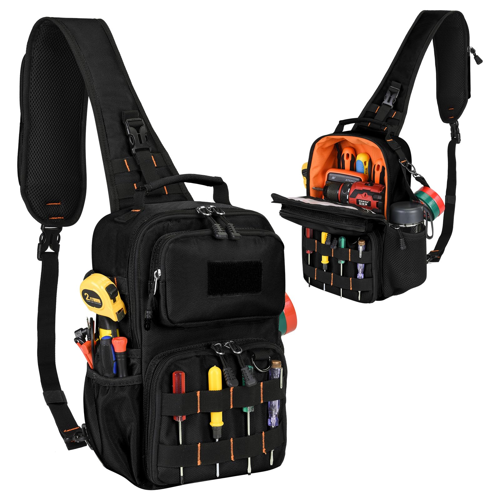 Elektriker Werkzeugtasche Brusttasche mit Tragegurt, Schwarz | HVAC Taktischer Werkzeugtasche, 1680D Oxford, spritzwassergeschützt, MOLLE-Webbing, für Handwerker, Techniker & Heimwerker