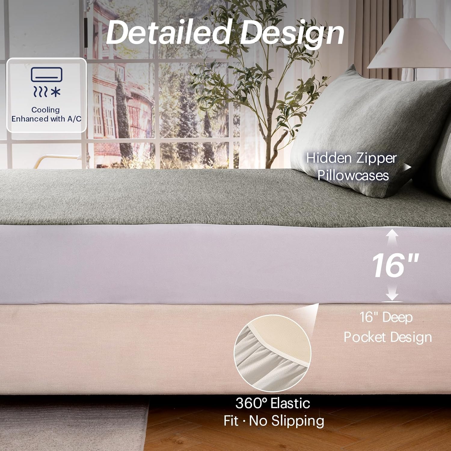OMERAI Queen Sheet Set, 3 Piece Bed Sheets for Hot Sleeper, Breathable & Cooling, Includes 1 Fitted Sheet and 2 Pillowcases, Grey