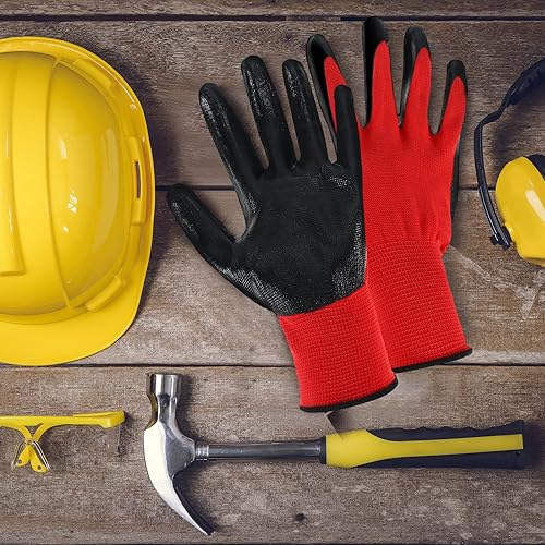 Miniatura 7 de 36 pares de guantes de trabajo con revestimiento de nitrilo negro y rojo para hombres, jardinería, construcción, almacén, actividades en interiores