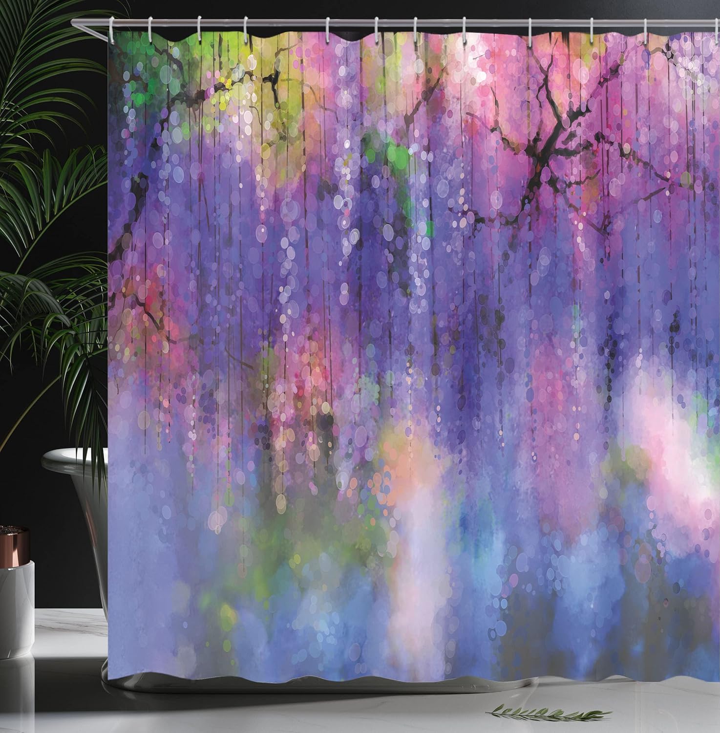 Ambesonne Flower Shower Curtain, Misty Vogue Wisteria Back Tree Branches Defocus Mysterious Scenes from Nature Style of a Print, Cloth Fabric Bathroom Decor Set with Hooks, 69" W x 84" L, Violet Pink
