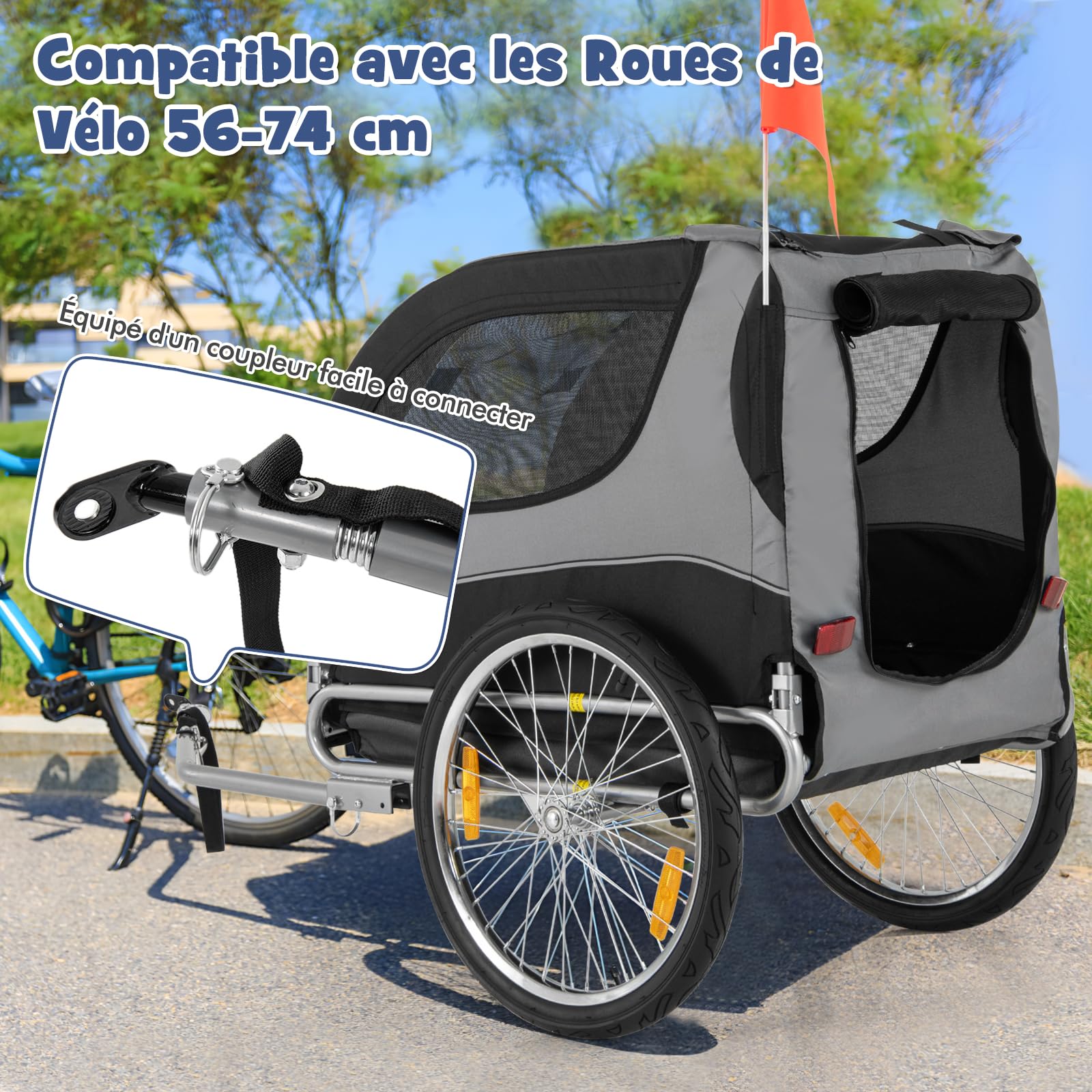 GOPLUS Remorque de Vélo pour Chien, Chariot pour Chien avec Drapeau de Sécurité, 8 Réflecteurs, Cadre Pliable, Roues à Dégagement Rapide, Convient aux Animaux, Charge Max. 40 kg (Gris)