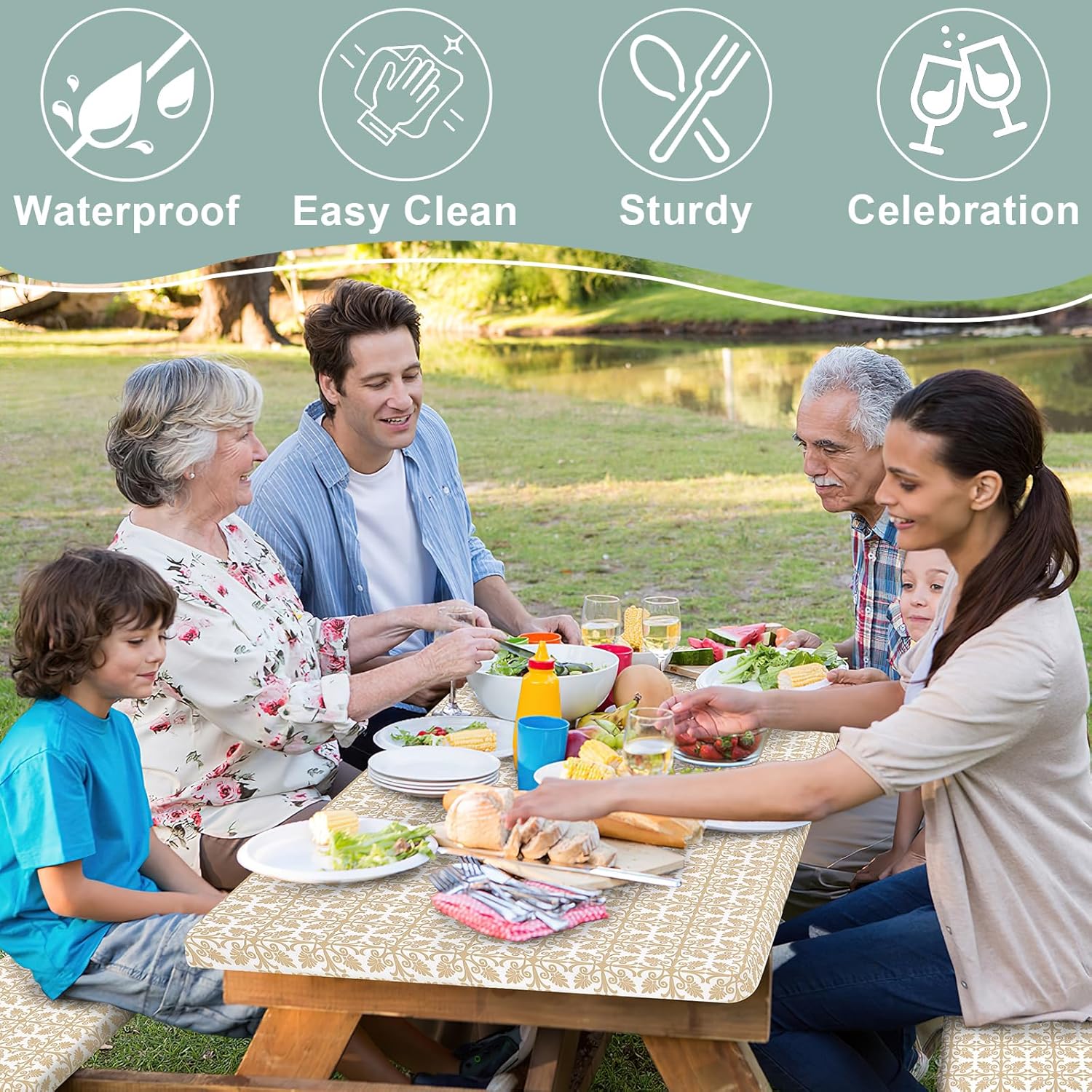 misaya Picnic Table Cover with Bench Cover, Waterproof Elastic Fitted Tablecloth for 6 Foot Tables, Rectangle Washable Polyester Tablecloths for Picnic, Camping, Outdoor (Khaki, 30" x 72")