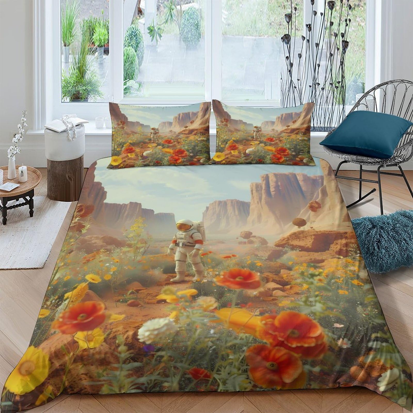 XFKLYNVCJ 3D Printed Astronaut Walking Duvet Cover Breathable Fabric Desert Wildflower Bed Cover Machine Washable Stain Resistant Quick Drying for All Season Bedding Use Single（135x200cm）