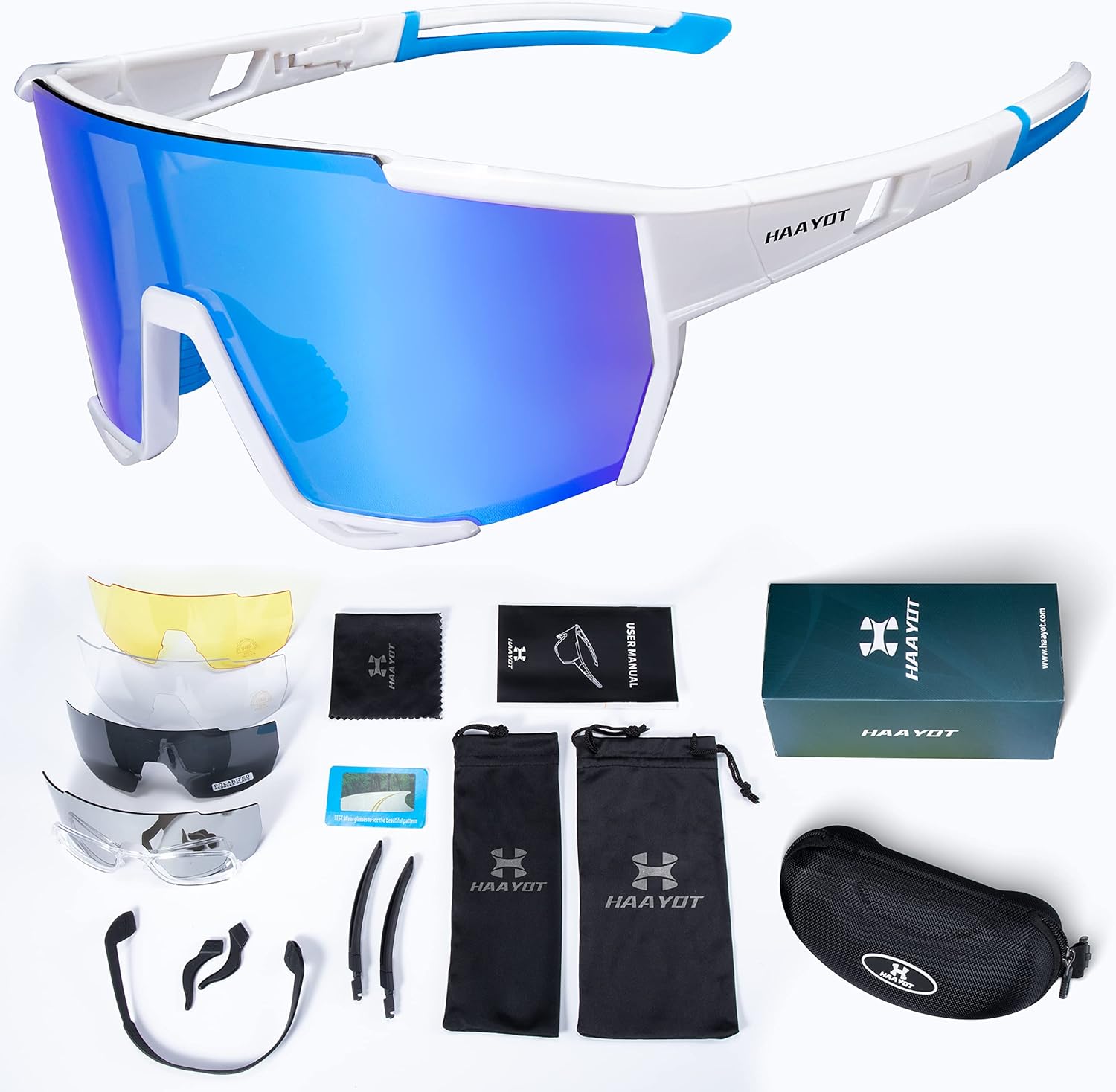 HAAYOT Cycling Glasses,Polarized Baseball Sunglasses for Men Women with 1 or 5 Lenses,Sports Running Biking Fishing Sunglasses,White Blue