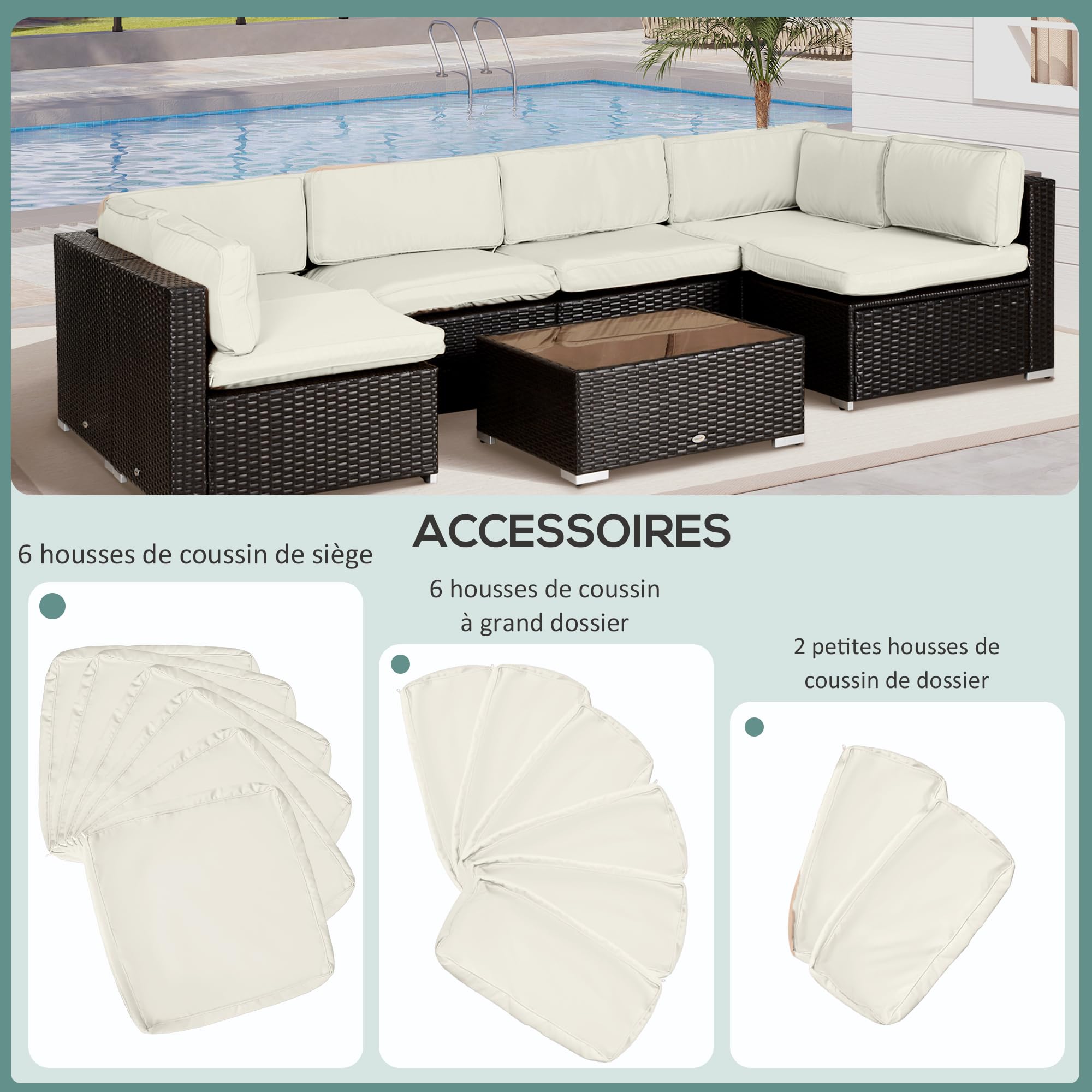 Outsunny Lot de 14 Housses de Rechange Coussins Salon de Jardin - 6 Housses Coussin d'assise, 8 Housses Coussin Dossier - Housses zippées Polyester déperlant Crème