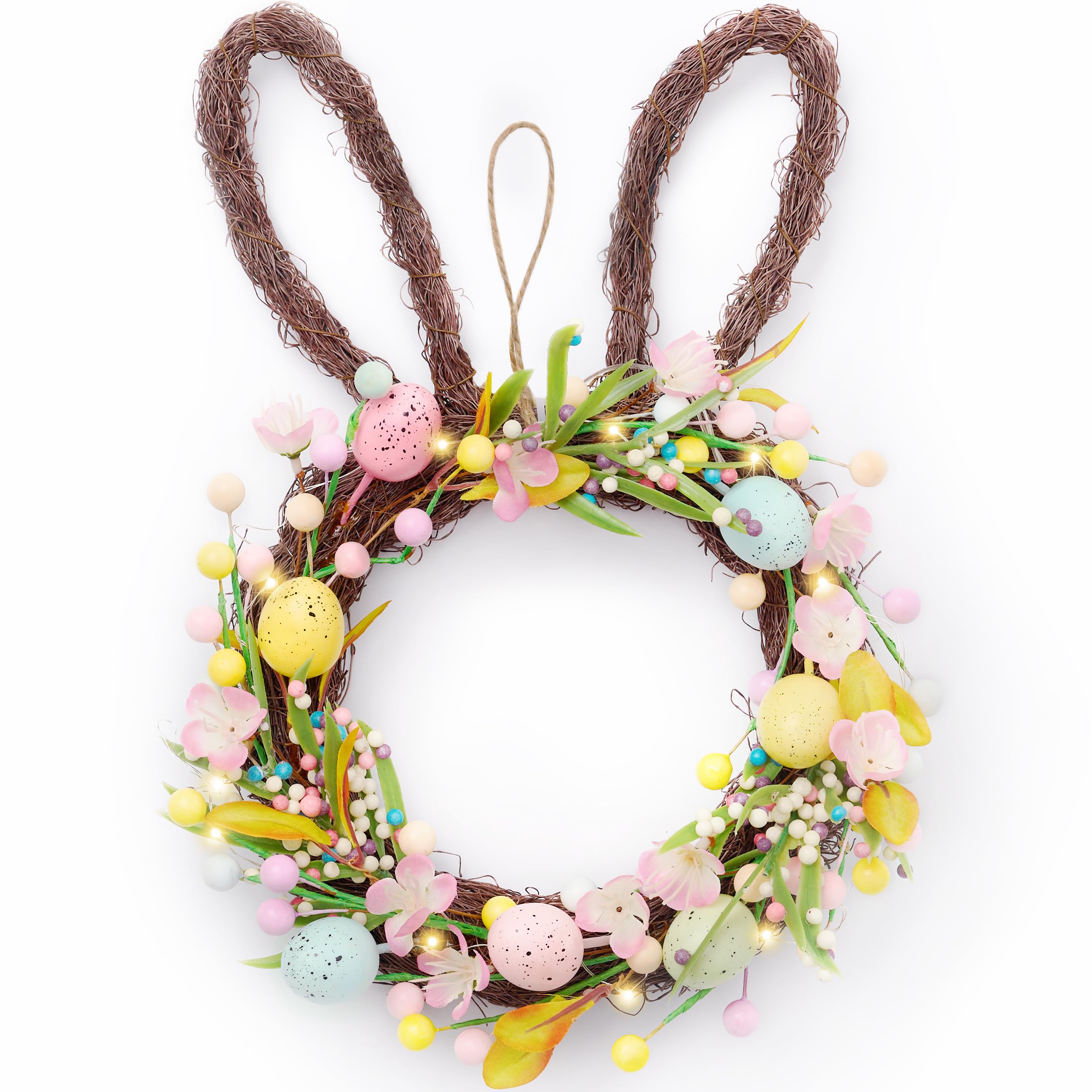 Valery Madelyn Ghirlanda di coniglietti pasquali per porta d'ingresso con luci, ghirlanda di coniglio pasquale decorazione con uova pastello, ghirlanda artificiale primaverile per casa, interni ed