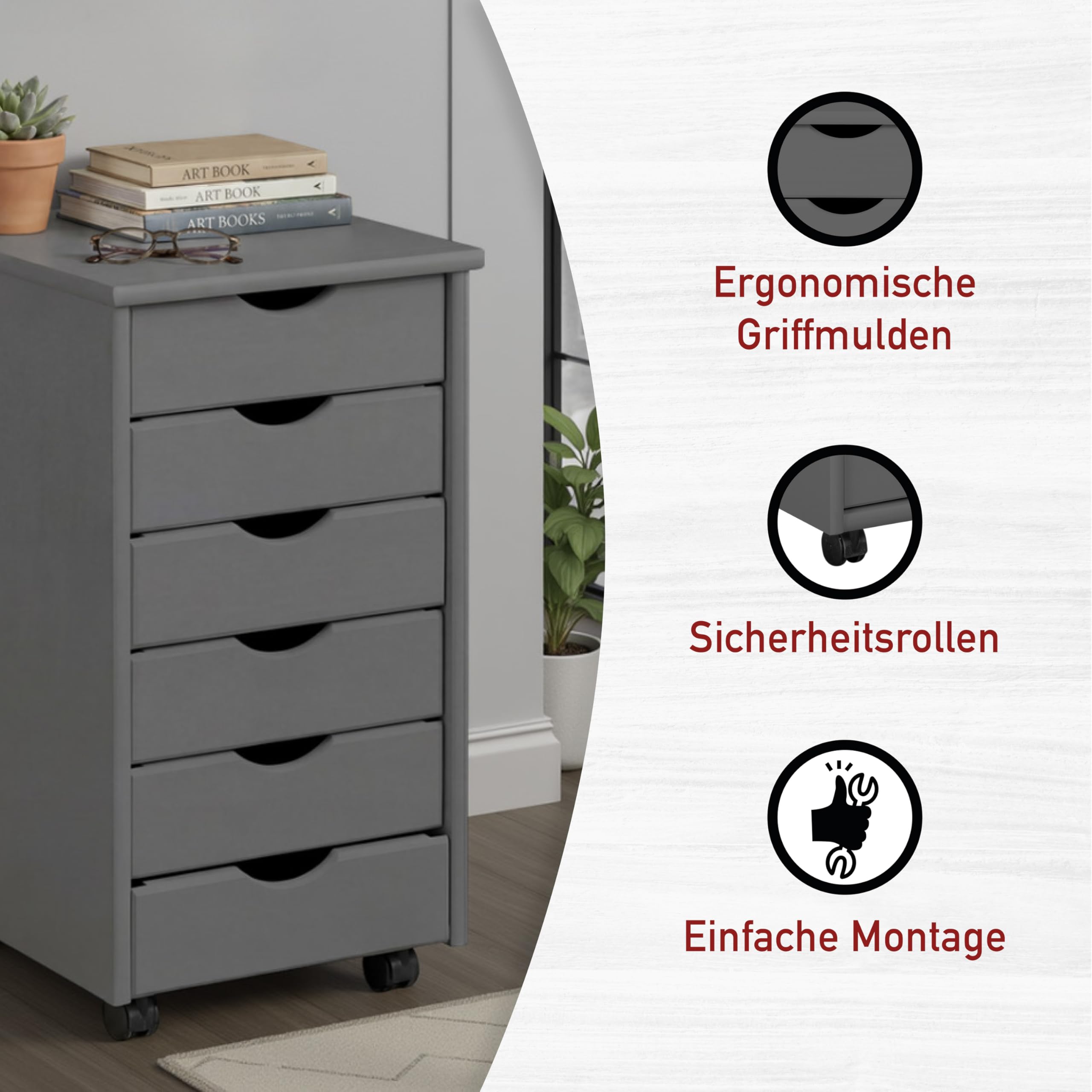 Inter Link Caisson à roulettes à 6 tiroirs – Caisson de bureau à roulettes – Bois de pin massif laqué gris – Caisson à roulettes pour bureau et bureau à domicile – 35 x 40 x 65 cm – Modèle Simon