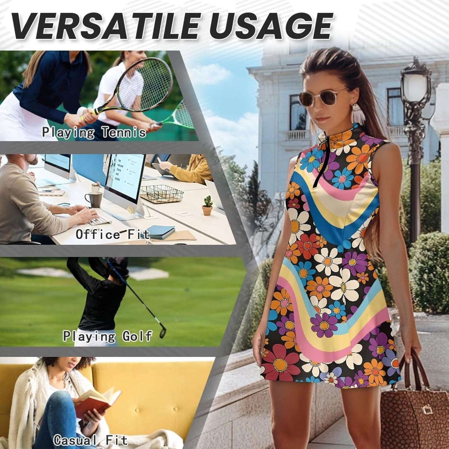 doginthehole Golf Dresses for Women with Shorts and Pockets, V-Neck Sleeveless Tennis Dress Zip Front Athletic Dresses