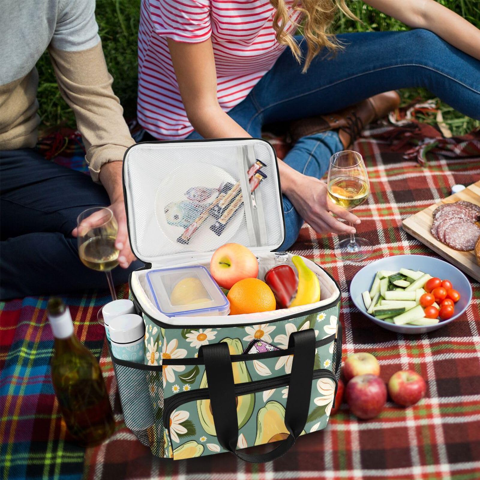 Grüne Avocado-weiße Gänseblümchen-Kühltasche, groß, isolierte Lunchtaschen, Picknick-Kühltasche, 15 l, 24 Dosen, wasserdichte Thermotasche für Erwachsene, Männer, Frauen