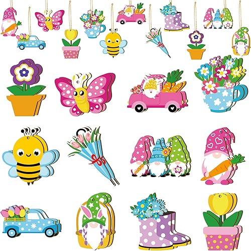 36 adornos de madera de feliz Pascua adornos de flores de primavera flores de abeja gnomo zanahoria adornos colgantes de madera decoraciones de