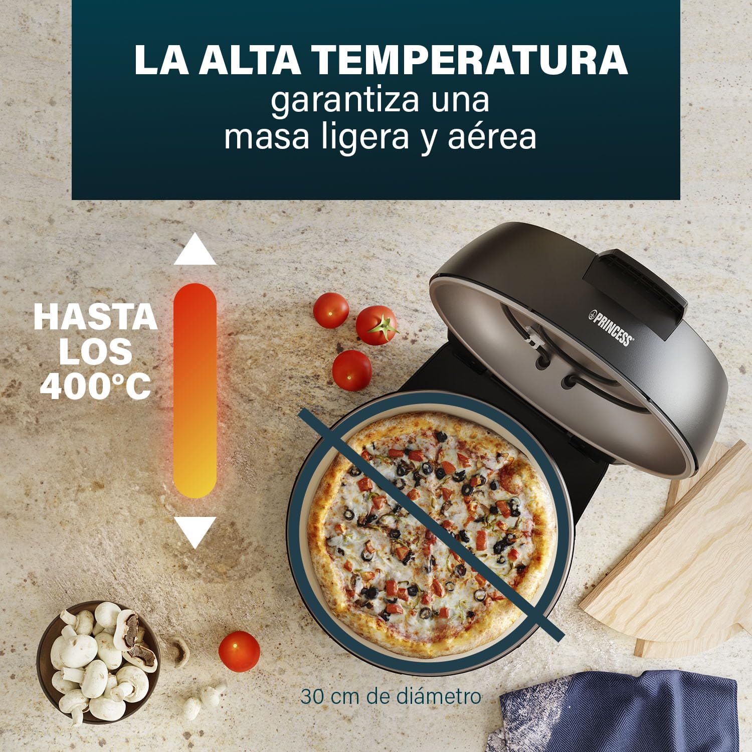 Princess 115005 Horno para pizzas, 30 cm, Piedra especial para pizzas, 2 palas para sacar la pizza del horno, Temperatura (hasta 400 C) y temporizador (15 min.) ajustables, 1200 W