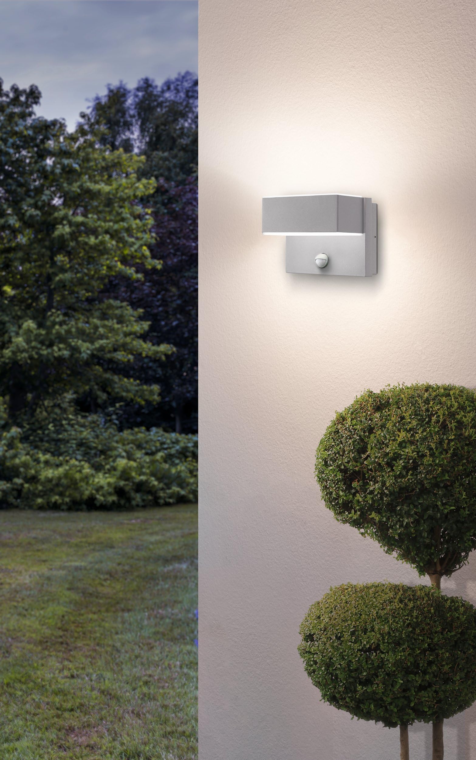 EGLO LED Außen-Wandlampe Azzinano 2 flammige Außenleuchte | inkl. Bewegungsmelder, Sensor-Wandleuchte aus Metall in Silber und Kunststoff in weiß, IP44