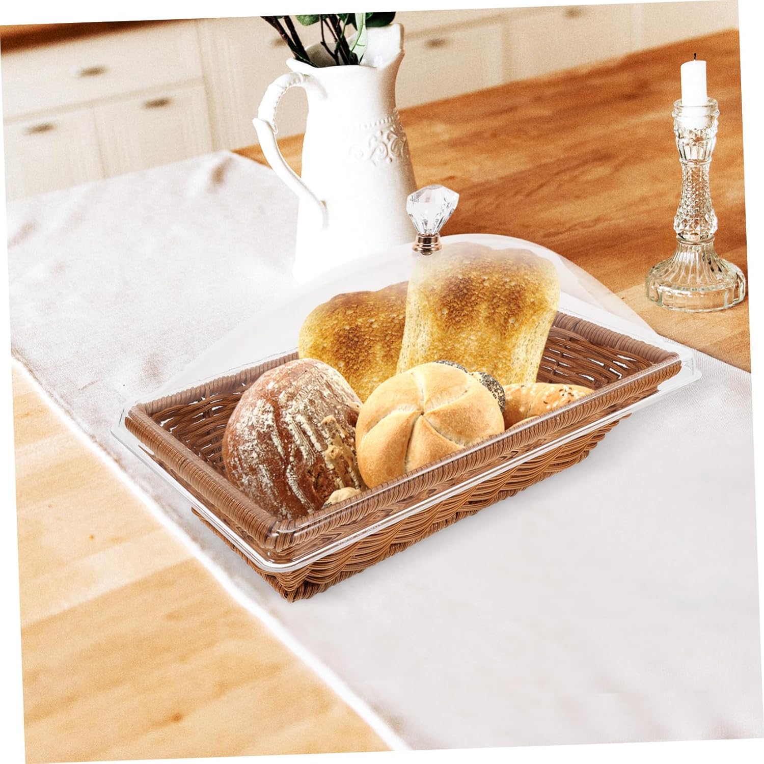 1Set Woven Storage Basket with Transparent Lid Versatile Food Preservation Basket for Fruits Vegetables and Breads for Parties and Kitchen Display