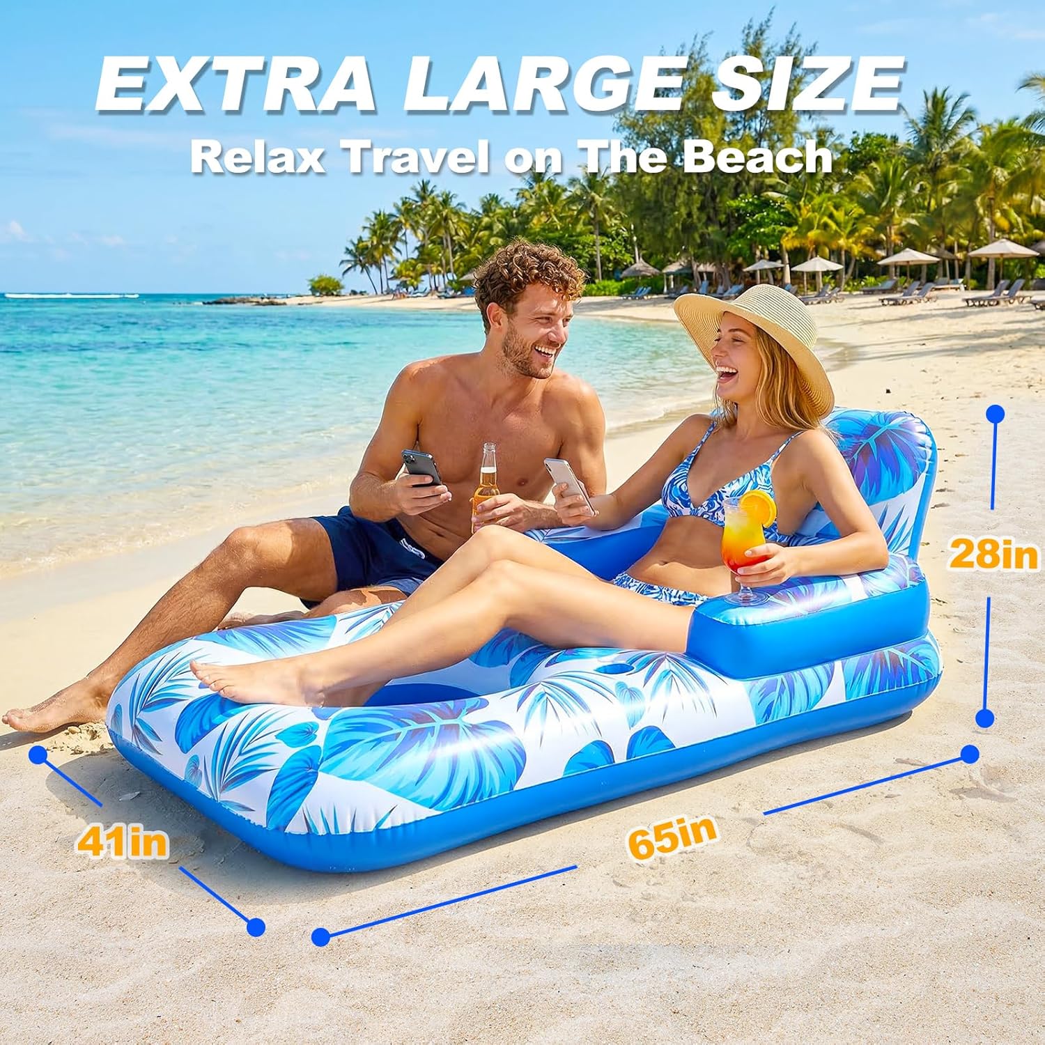 Pool Floats Adult, 65" Thicken PVC Inflatable Pool Float Lounger Rafts with Cup & Phone Holder & Headrest Backrest Footrest, Comfort Pool Floaties for Adults Lake Beach Party Outdoor (1PC)
