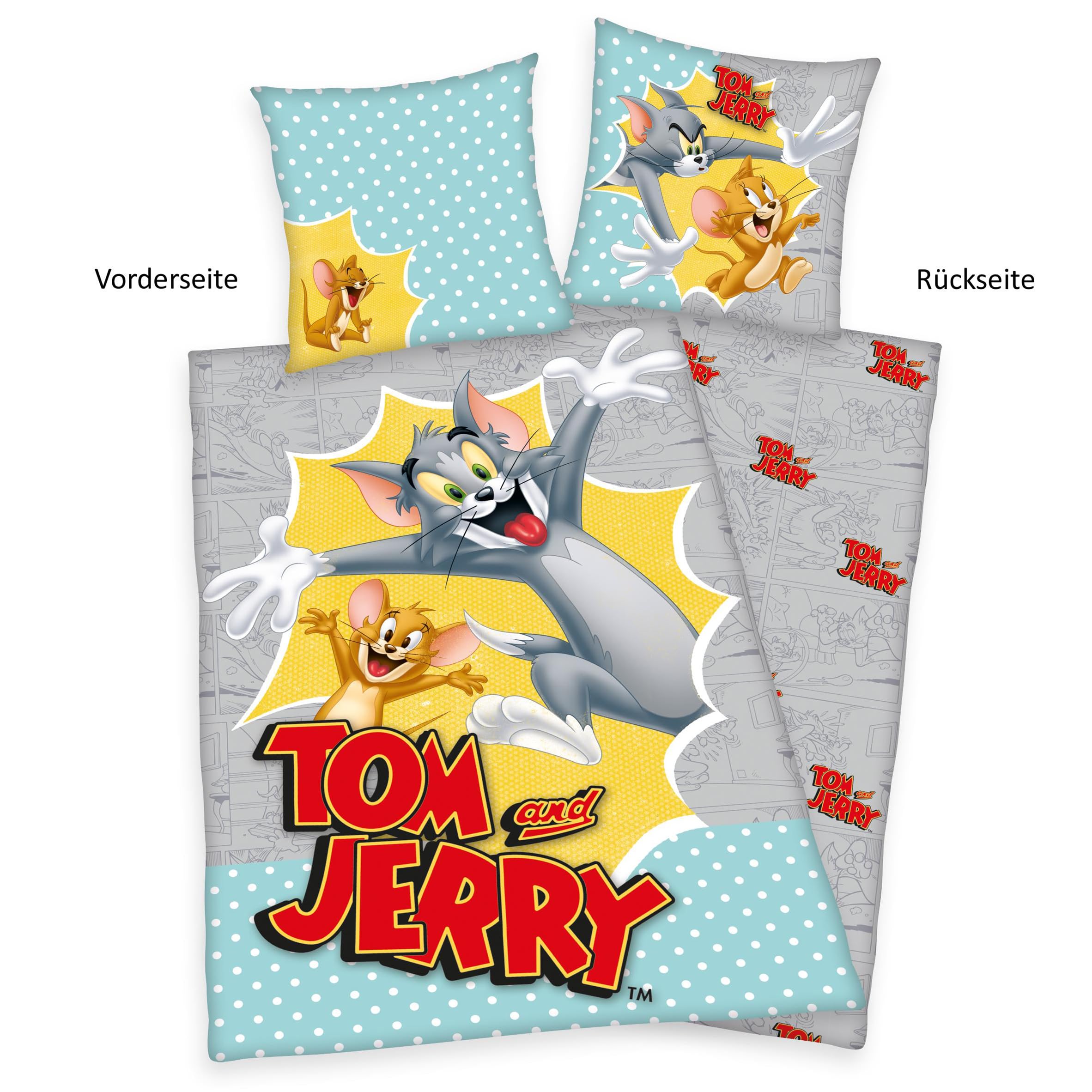 Lenzuola Tom E Jerry Double-face 135x200 Cm – 100% Cotone, Federa 80x80 Cm, Öko-Tex, Divertenti E Colorate